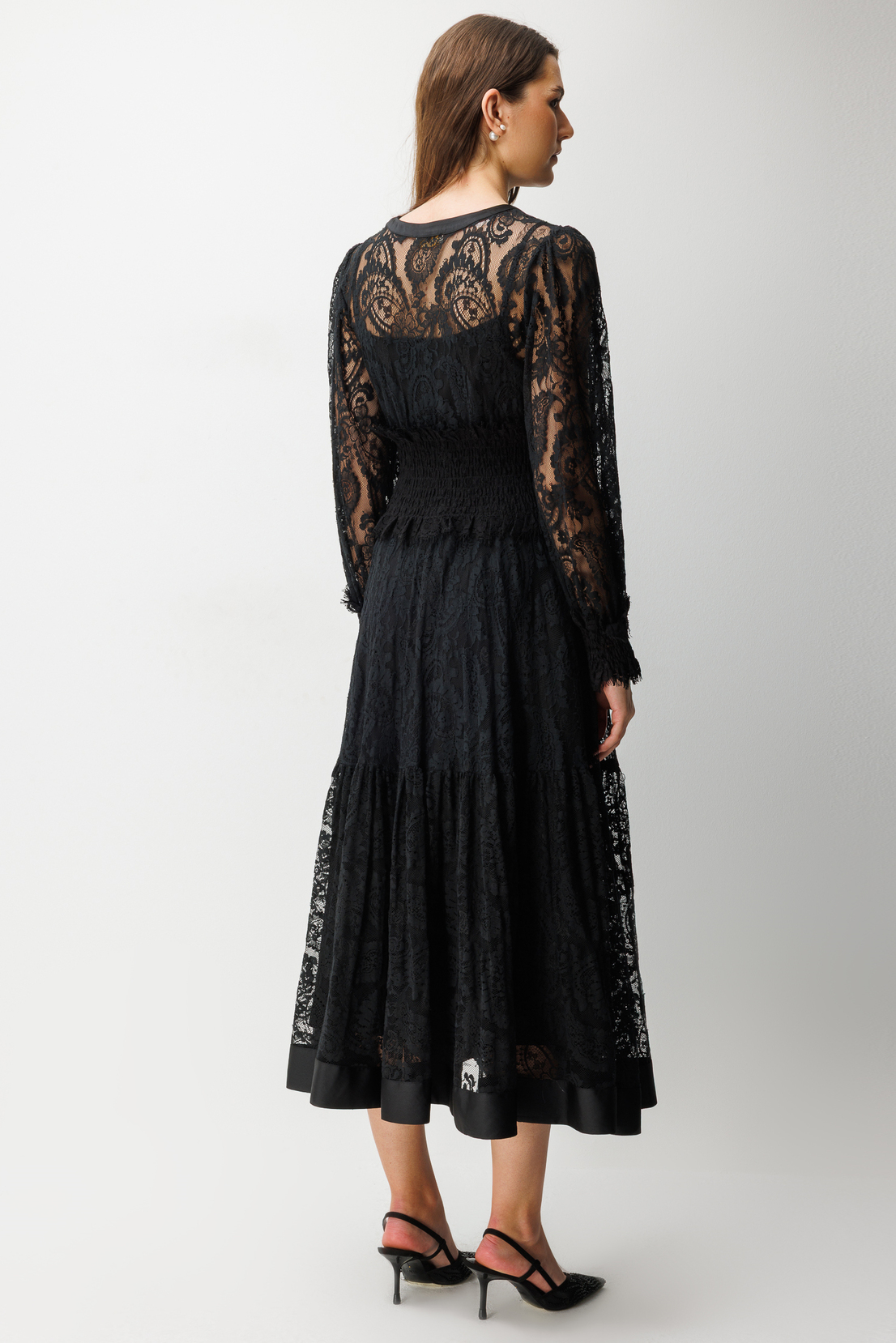 Floral Dantel Detaylı V Yaka Elbise SİYAH