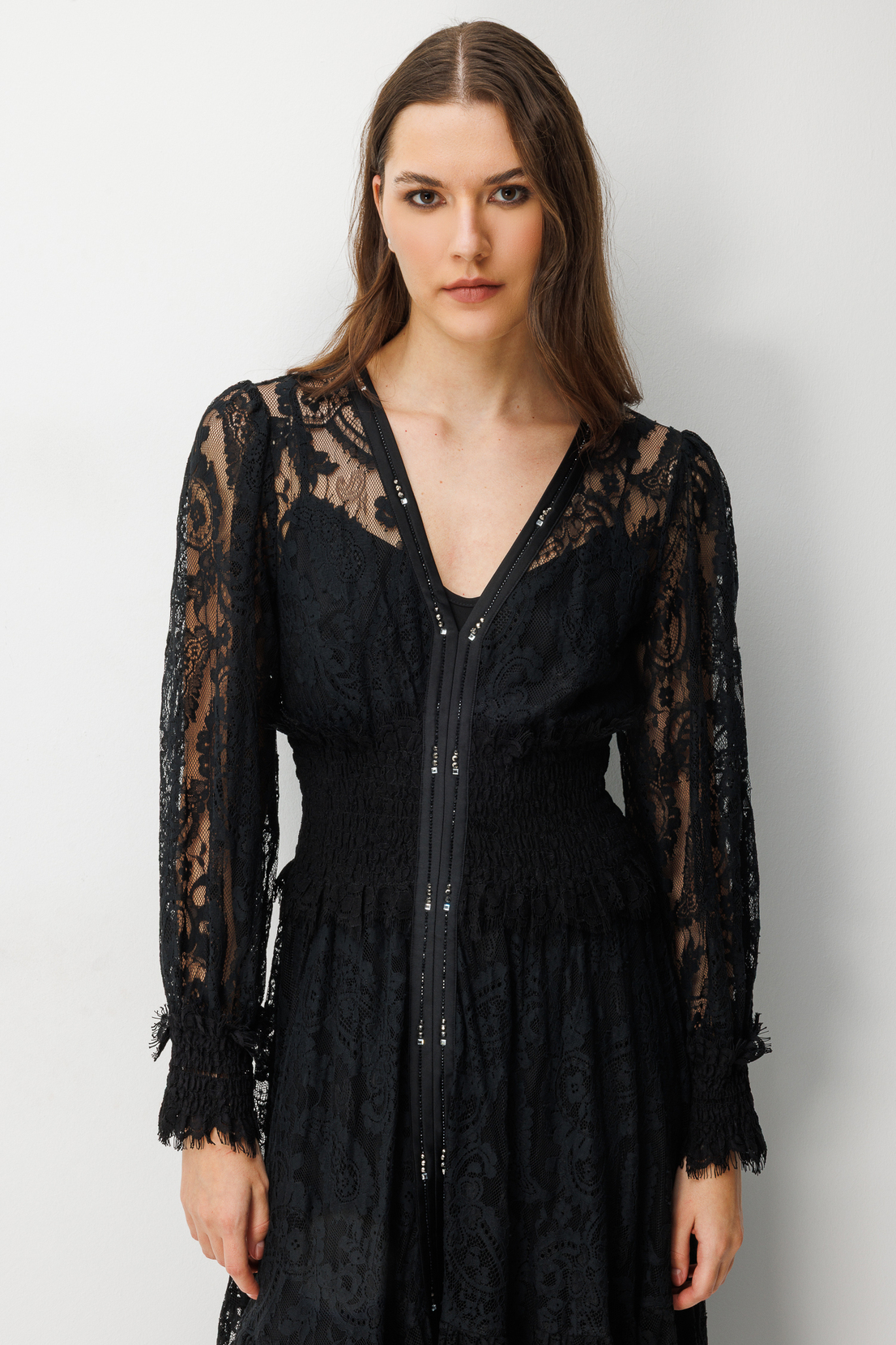 Floral Dantel Detaylı V Yaka Elbise SİYAH