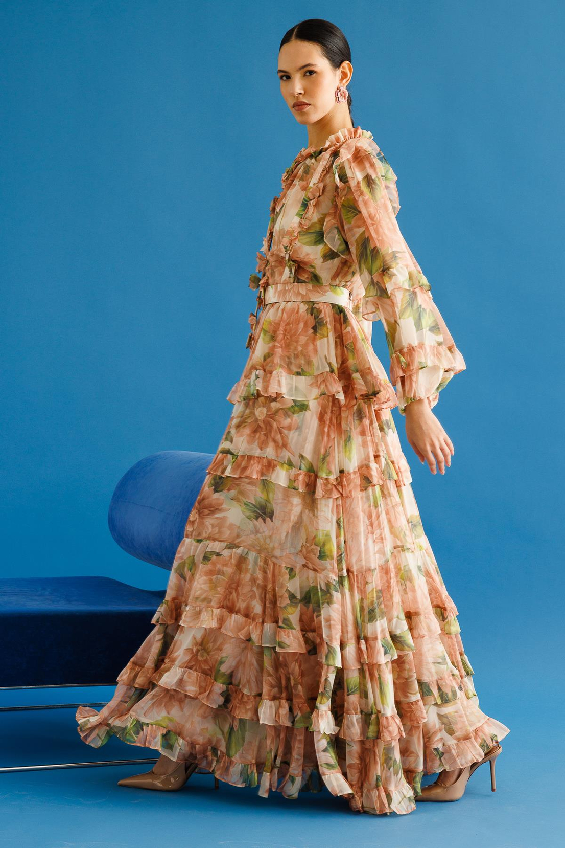 Floral Desen Kat Etek Lazer Çiçekli  Maxi Boy Elbise SOMON