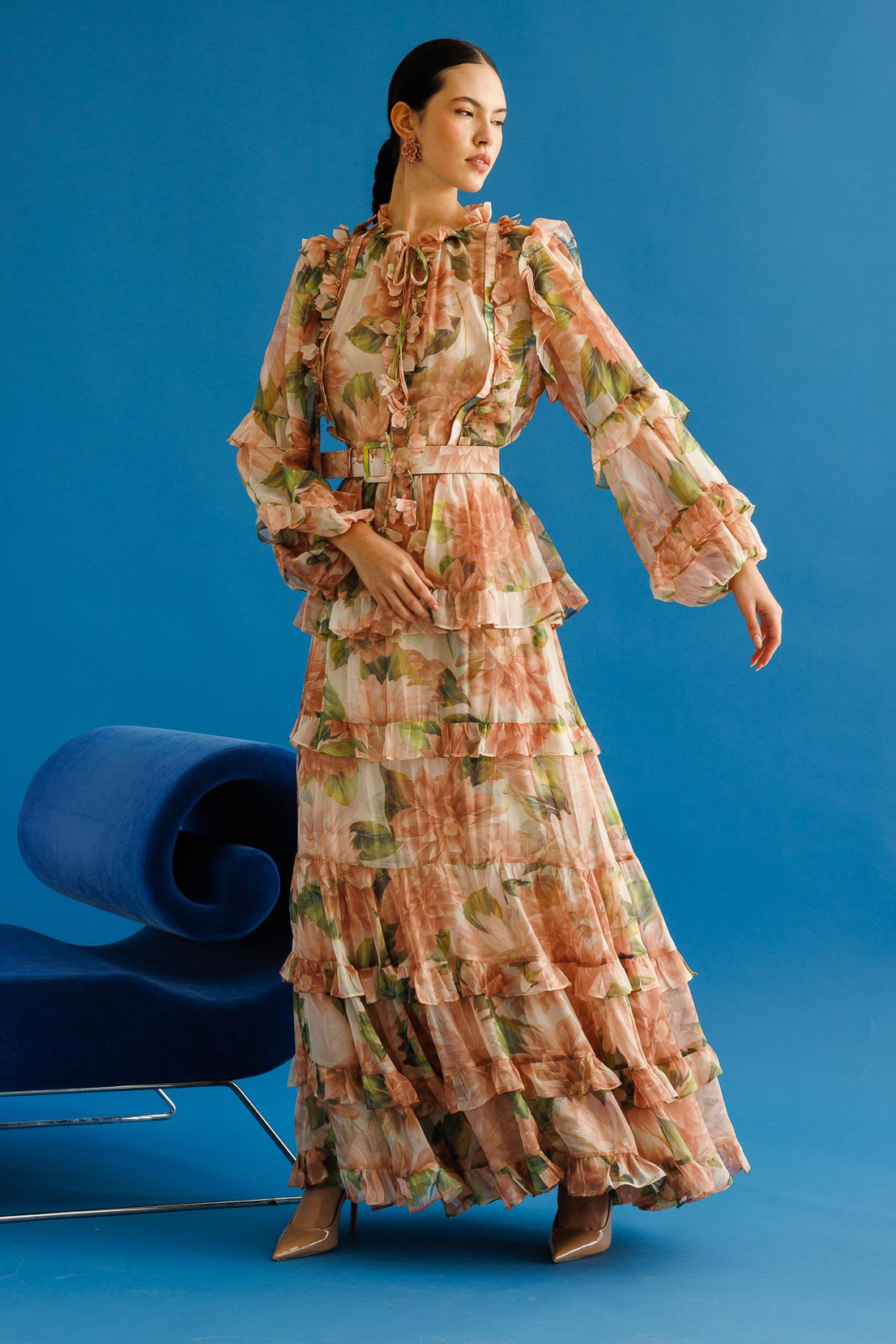 Floral Desen Kat Etek Lazer Çiçekli  Maxi Boy Elbise SOMON