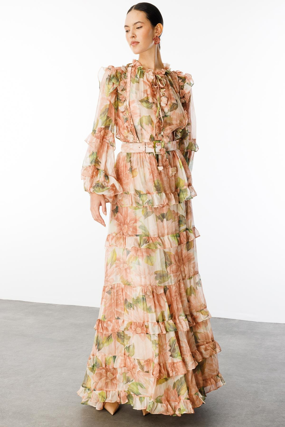 Floral Desen Kat Etek Lazer Çiçekli  Maxi Boy Elbise SOMON