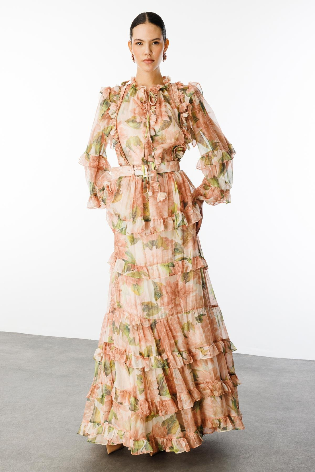 Floral Desen Kat Etek Lazer Çiçekli  Maxi Boy Elbise SOMON