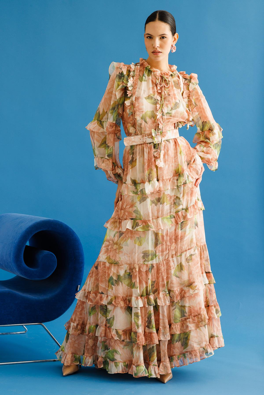 Floral Desen Kat Etek Lazer Çiçekli  Maxi Boy Elbise SOMON