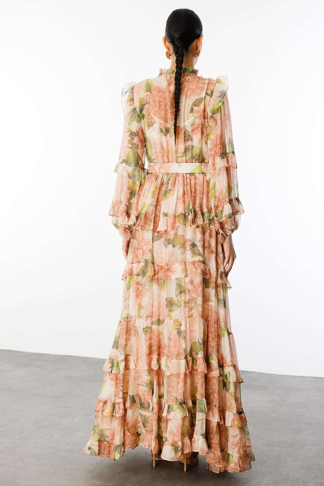 Floral Desen Kat Etek Lazer Çiçekli  Maxi Boy Elbise SOMON