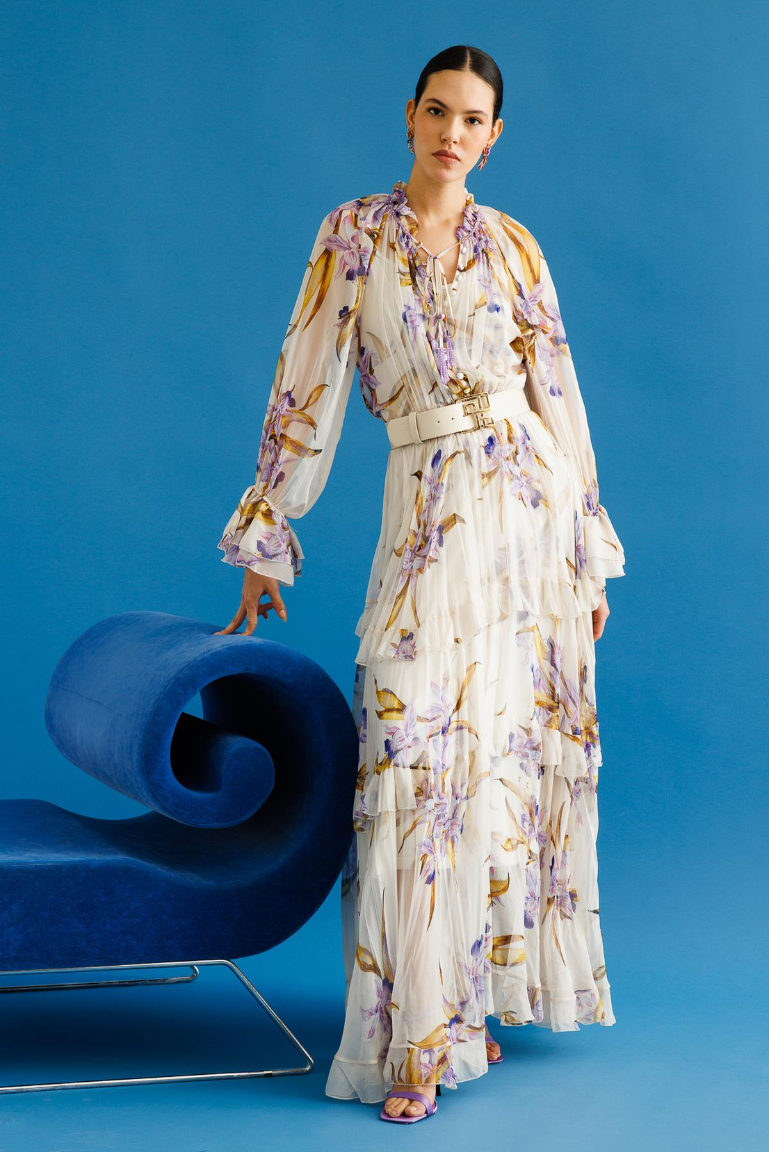 Floral Desen Maxi Boy Volan Detay Kemerli Şifon Elbise LİLA