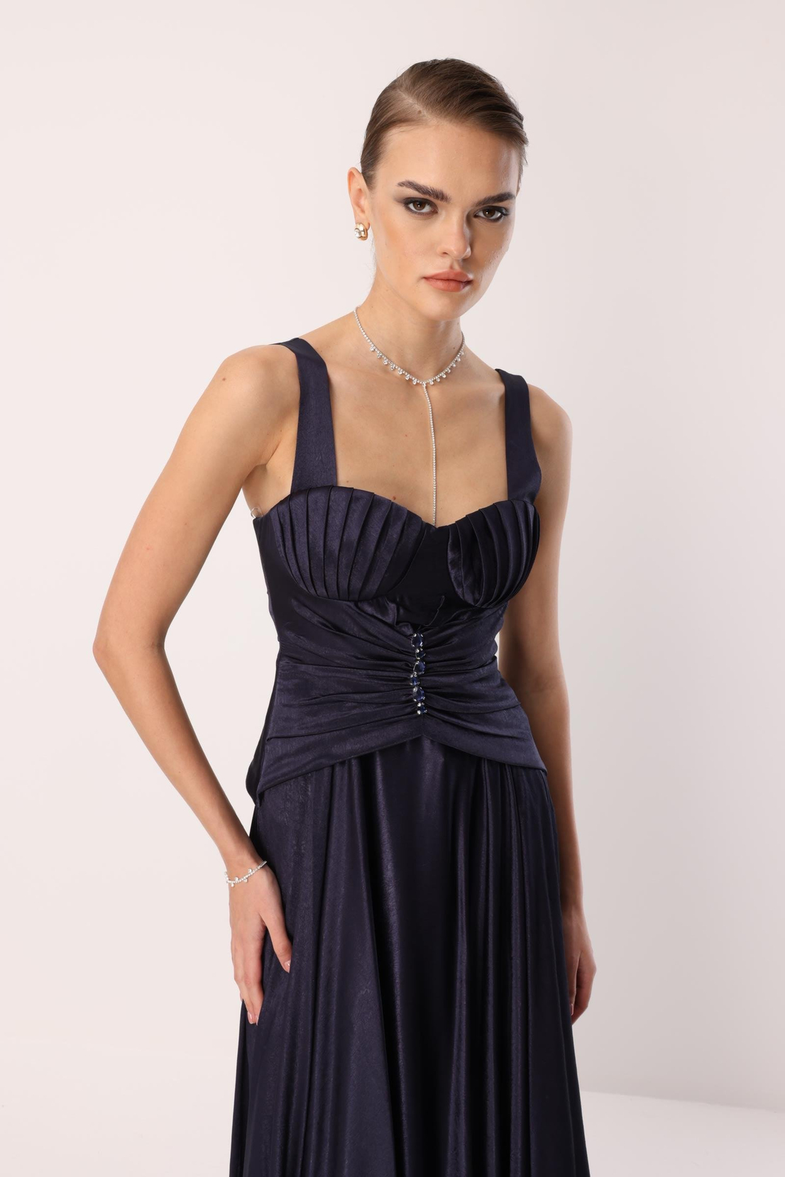 Göğüs Midye Desen Elbise LACİVERT