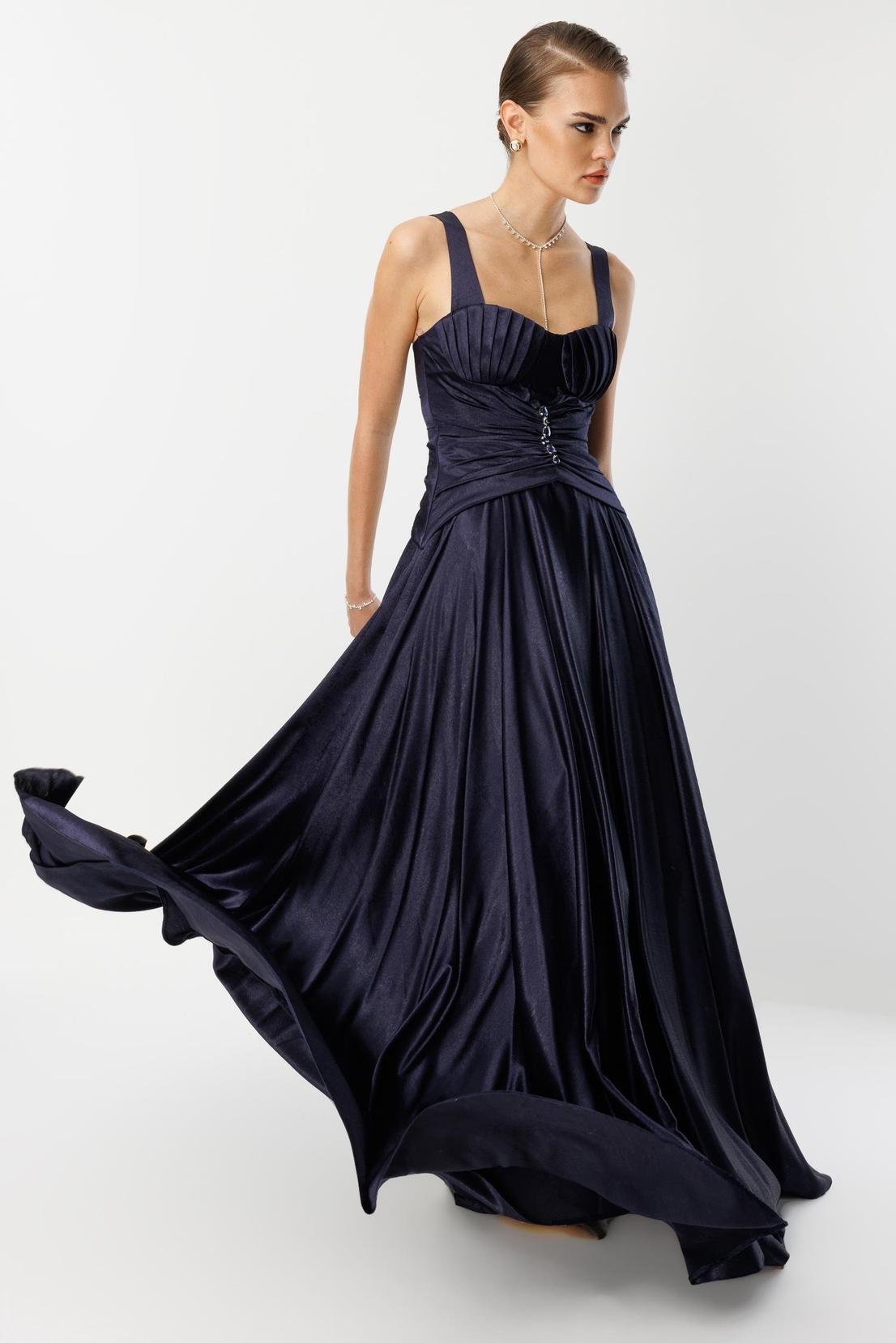 Göğüs Midye Desen Elbise LACİVERT