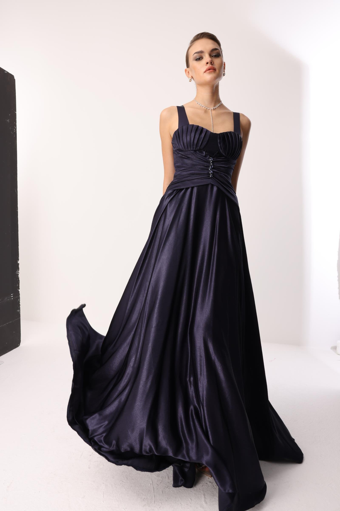 Göğüs Midye Desen Elbise LACİVERT