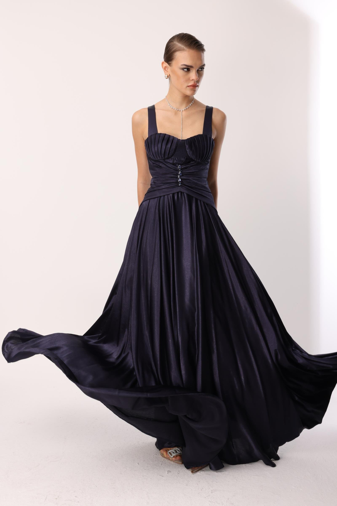 Göğüs Midye Desen Elbise LACİVERT