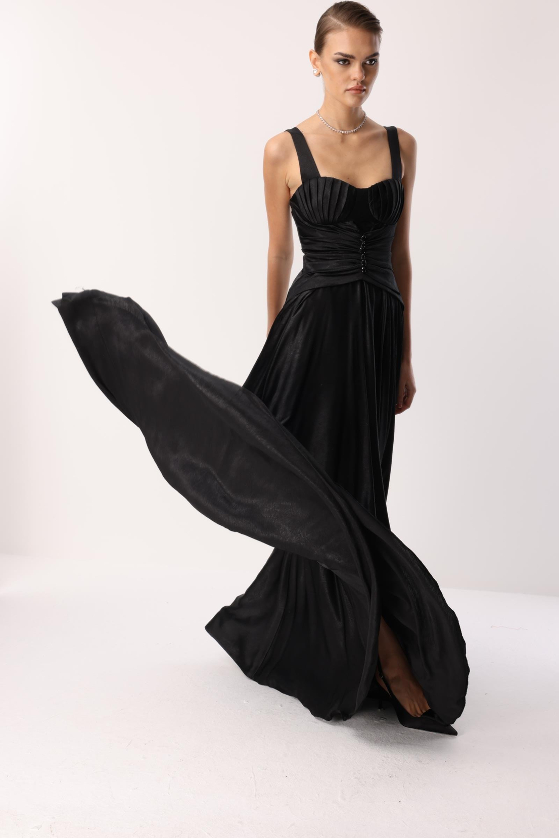 Göğüs Midye Desen Elbise SİYAH