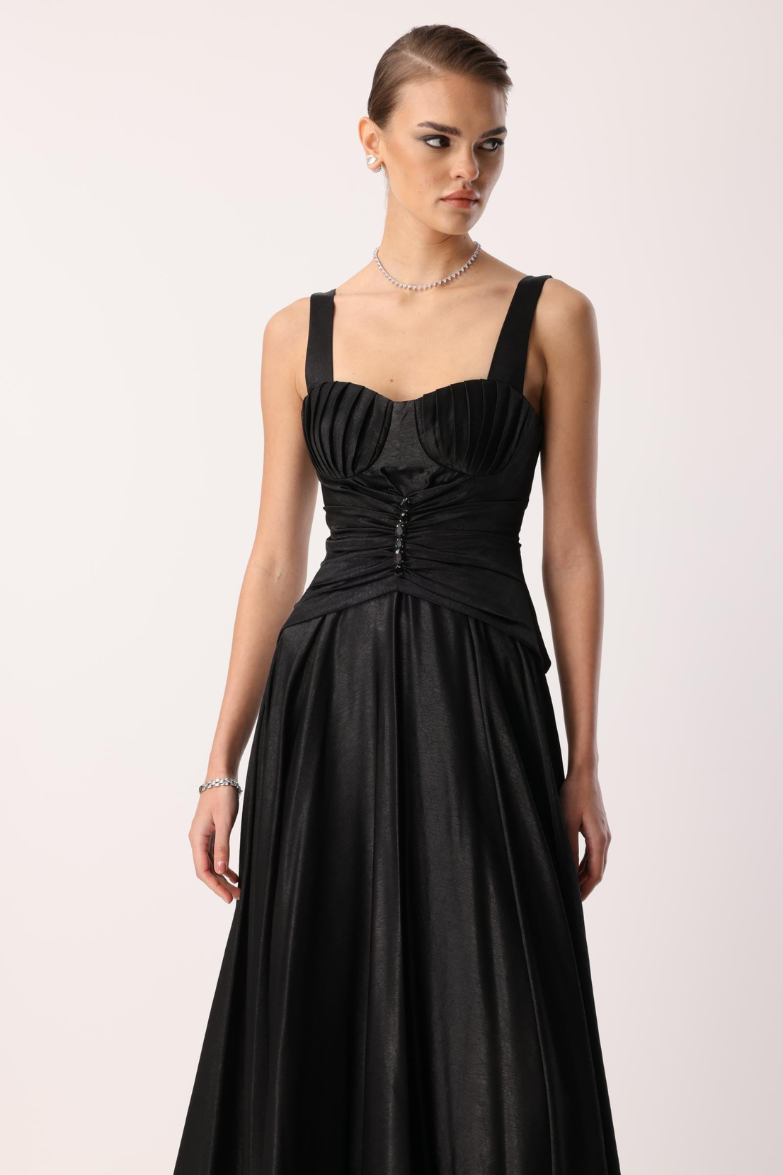 Göğüs Midye Desen Elbise SİYAH