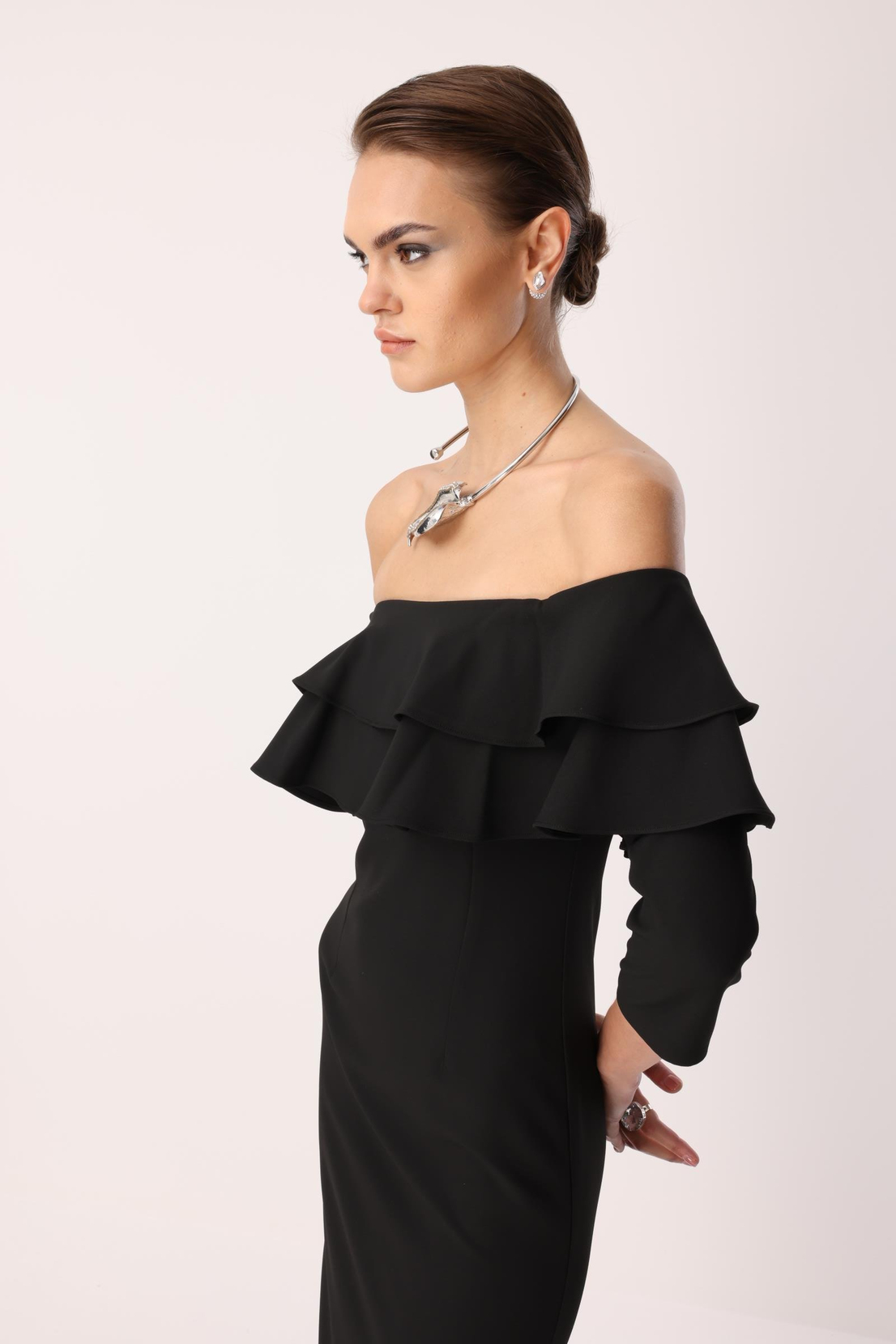 Göğüs Volan Detaylı Elbise SİYAH