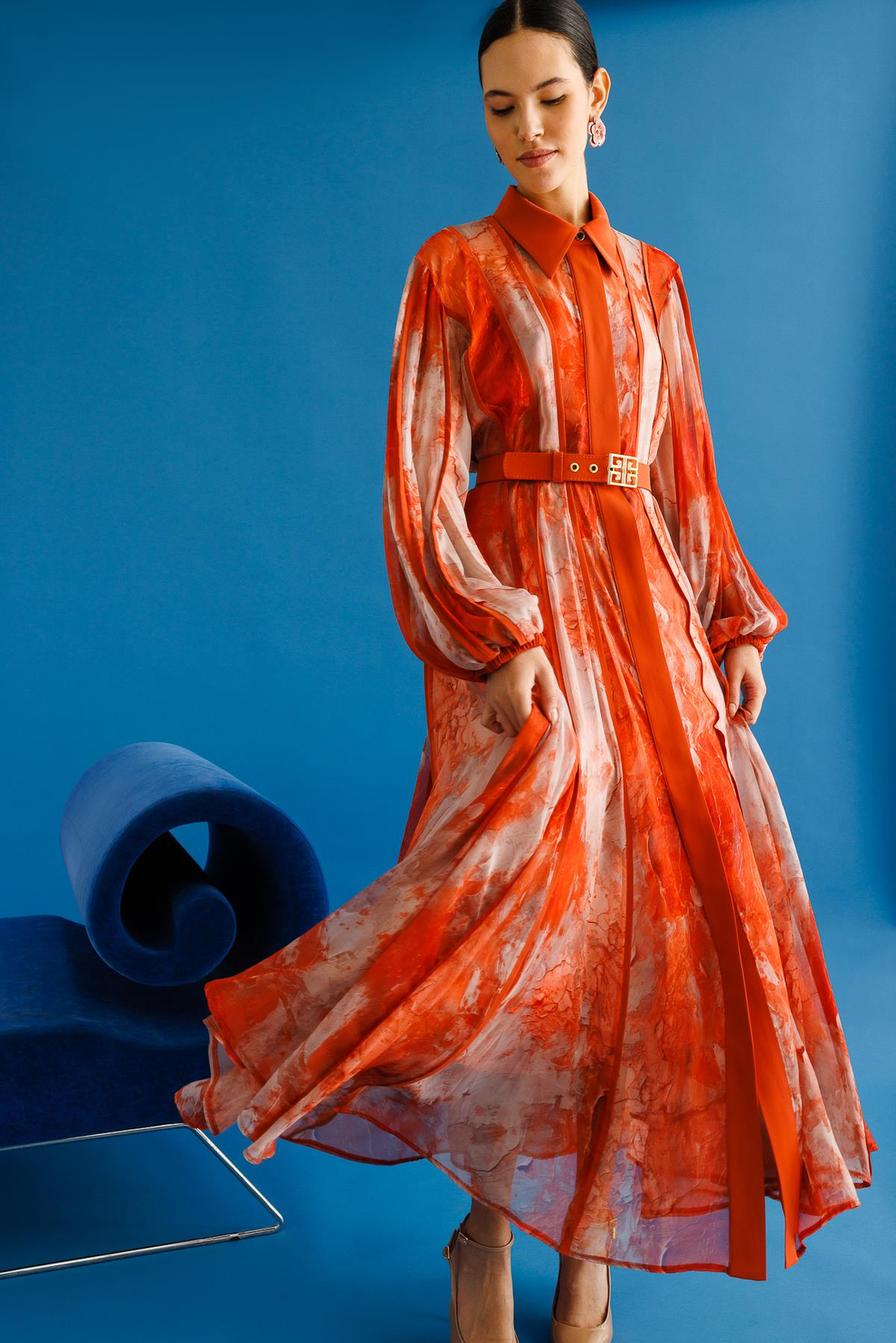 Gömlek Yaka Maxi Boy Elbise ORANJ