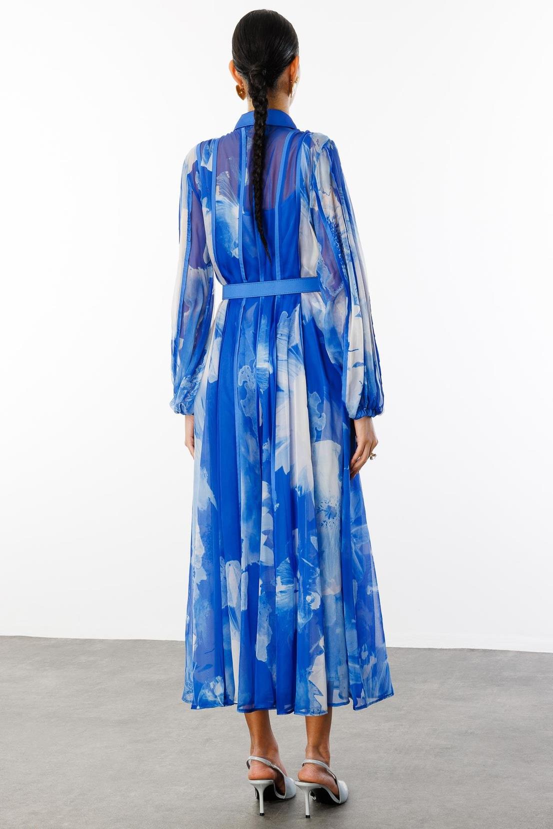 Gömlek Yaka Maxi Boy Kemerli Elbise MAVİ