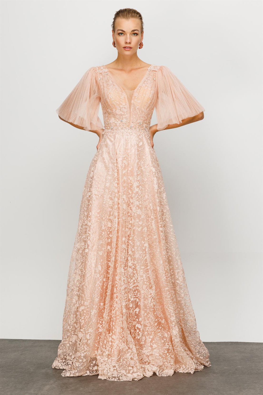 Gümüş İşlemeli Pudra Uzun Abiye