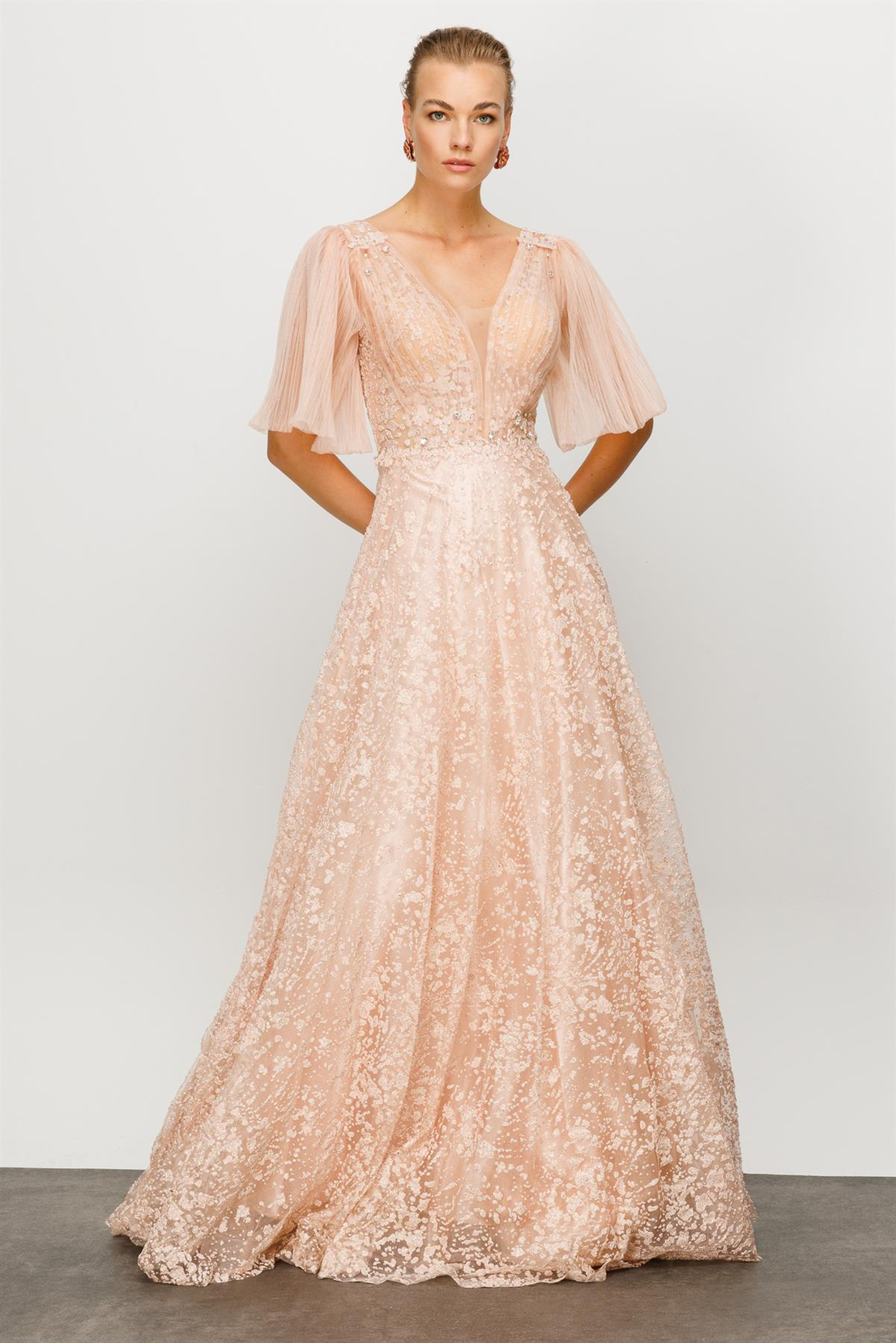 Gümüş İşlemeli Pudra Uzun Abiye