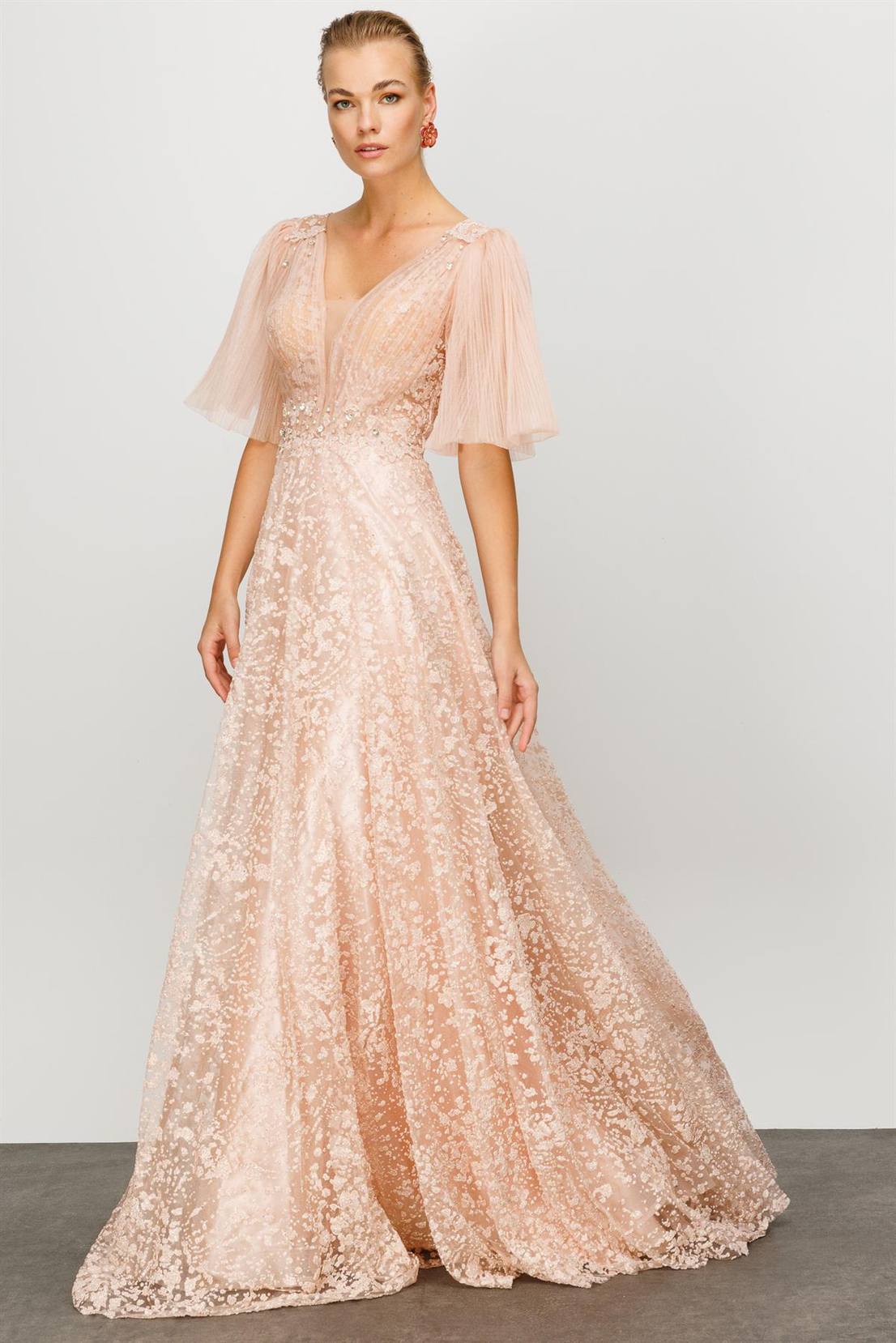 Gümüş İşlemeli Pudra Uzun Abiye