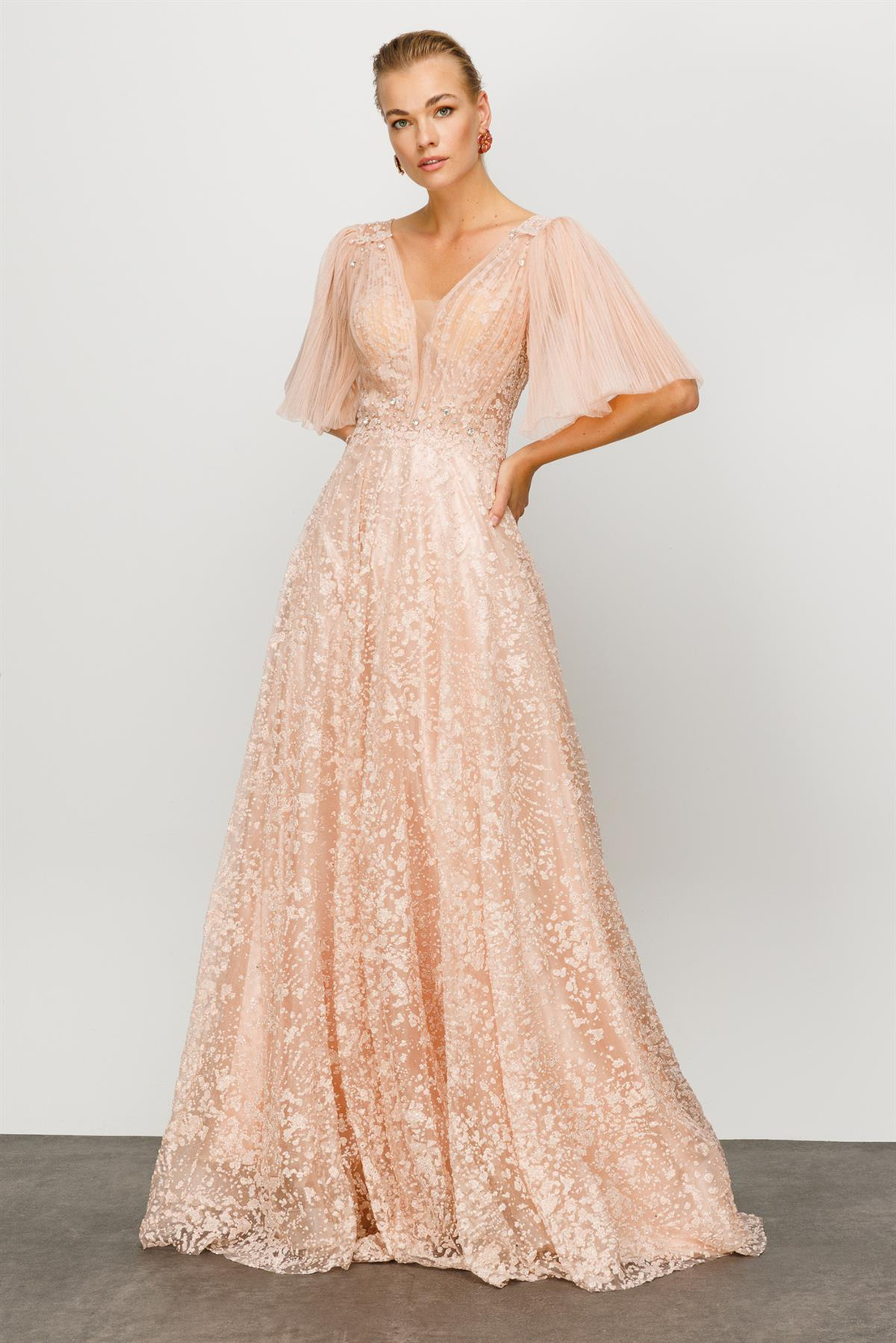 Gümüş İşlemeli Pudra Uzun Abiye