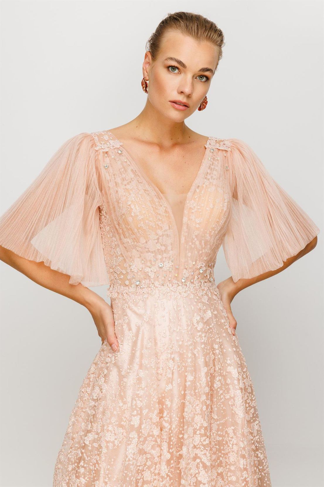 Gümüş İşlemeli Pudra Uzun Abiye