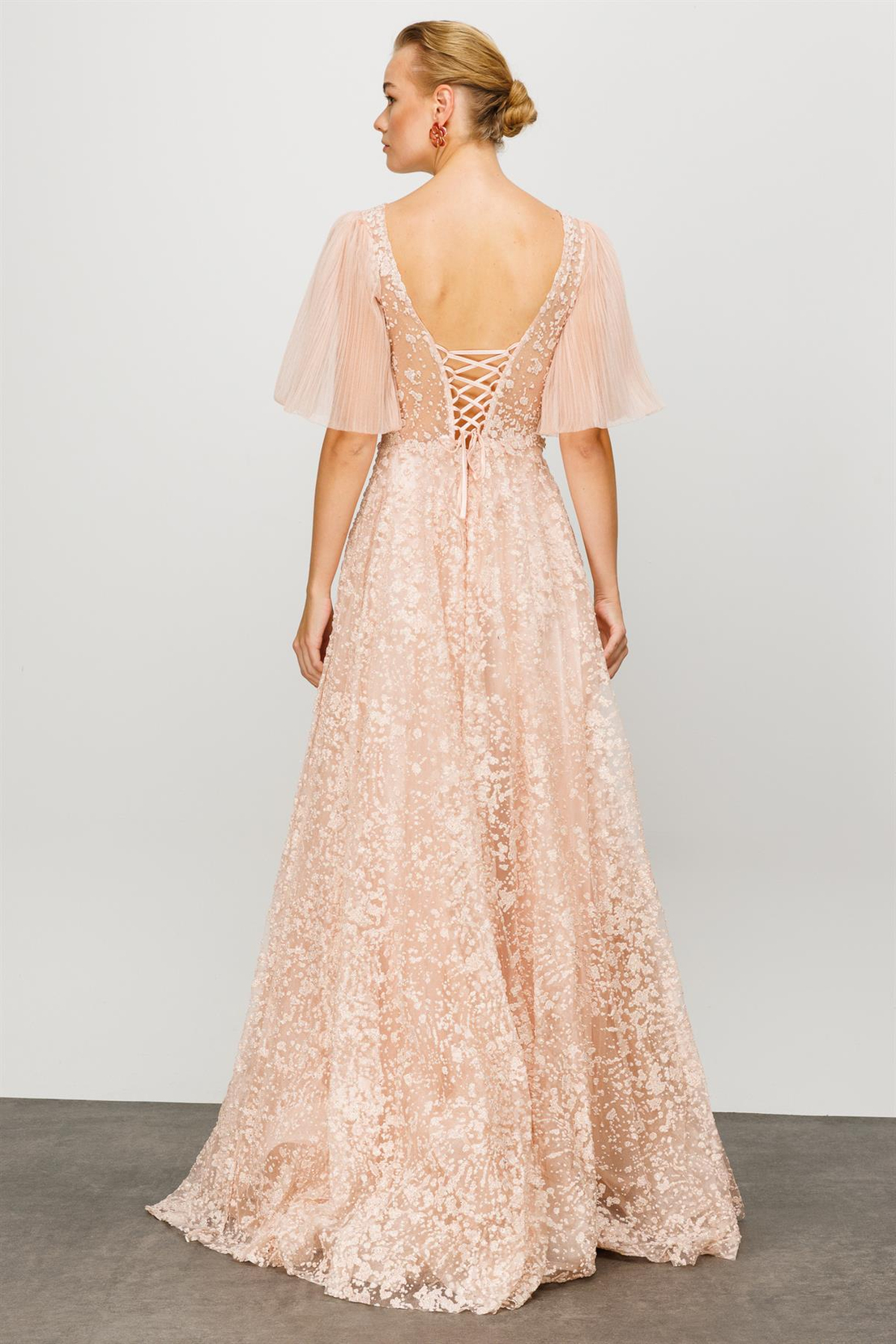 Gümüş İşlemeli Pudra Uzun Abiye