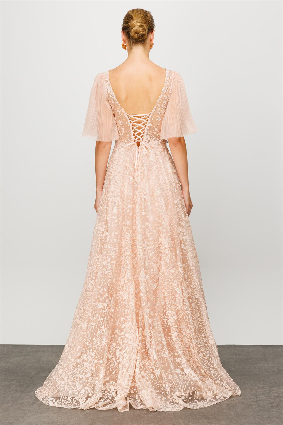 Gümüş İşlemeli Pudra Uzun Abiye