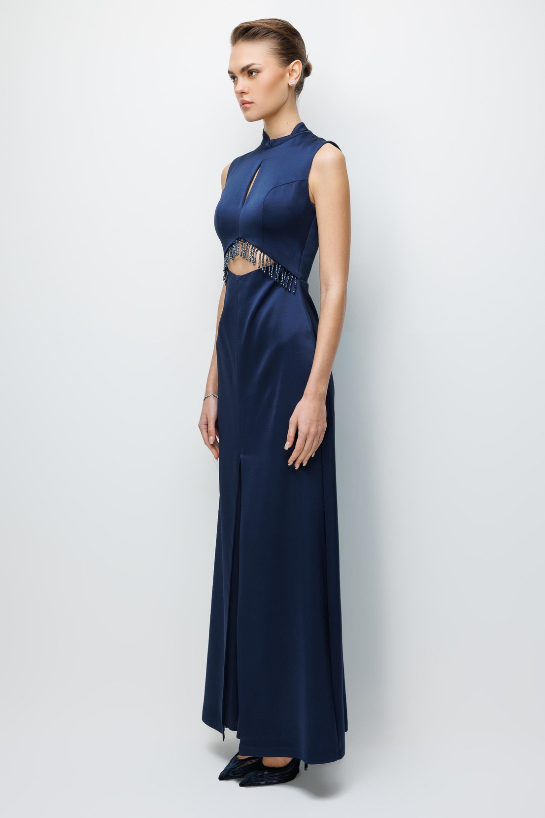 Hakim Yaka Boncuklu Elbise LACİVERT