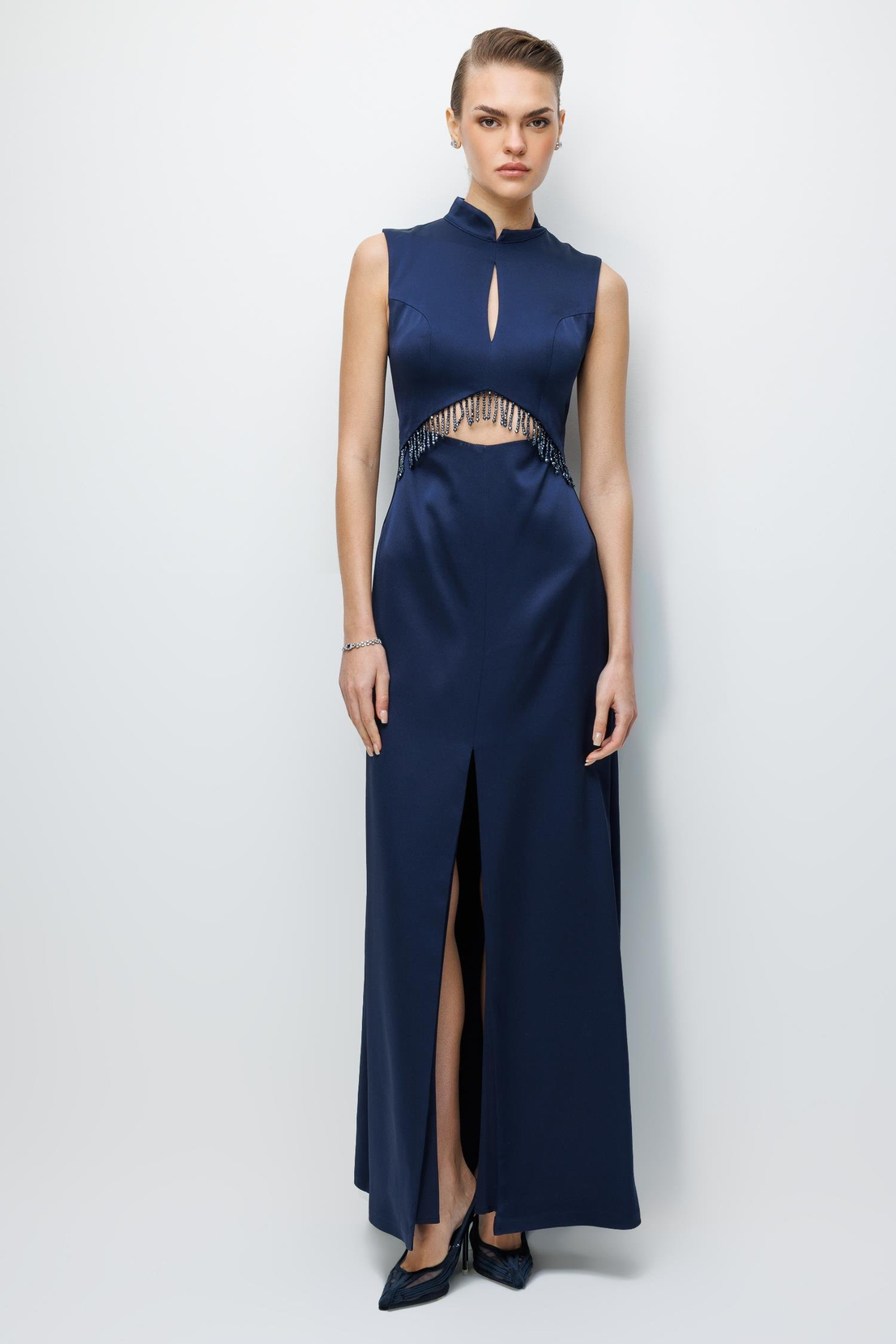 Hakim Yaka Boncuklu Elbise LACİVERT