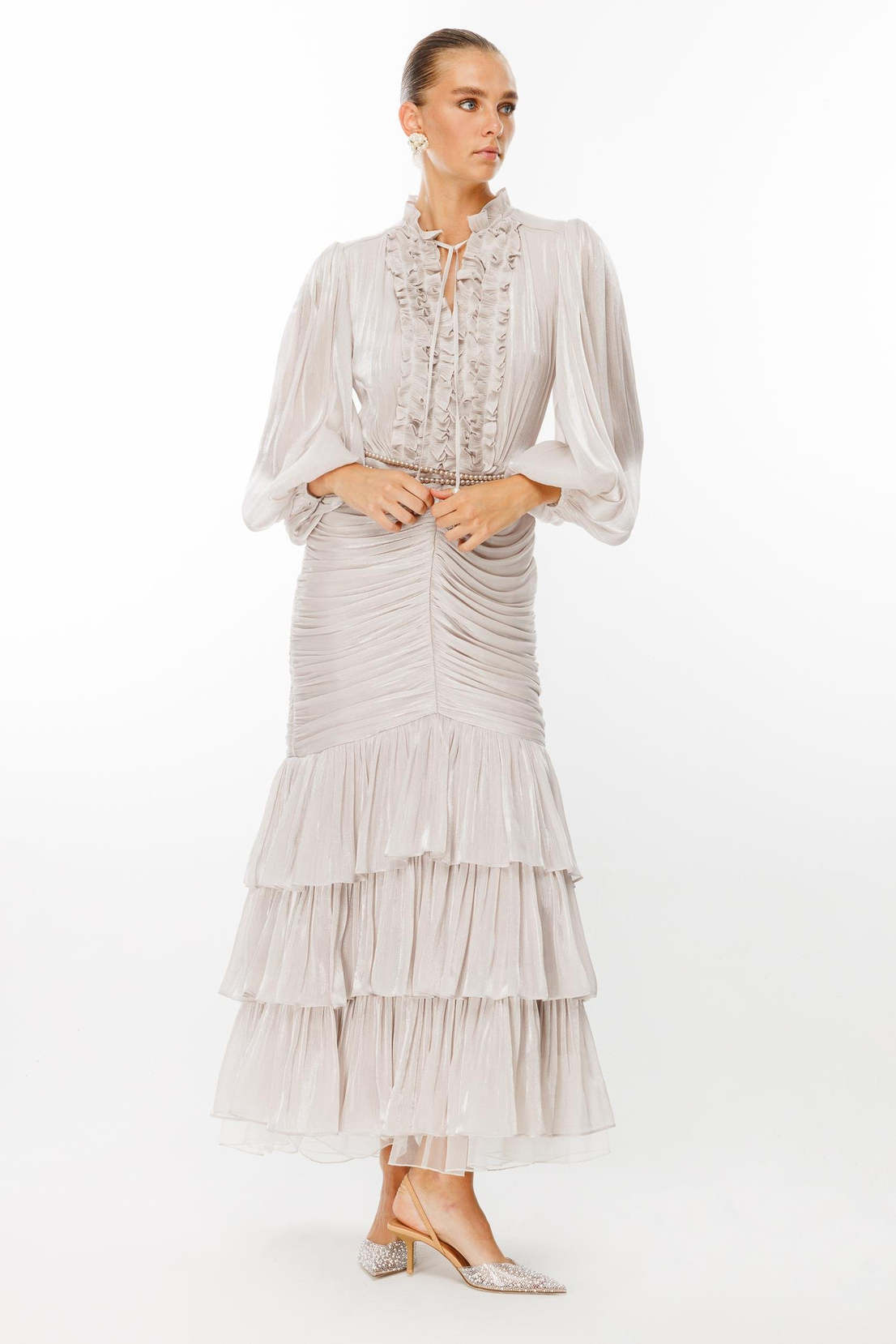 İnci Kemer Detaylı Volan Yaka Kat Etek Jakar Elbise TAŞ