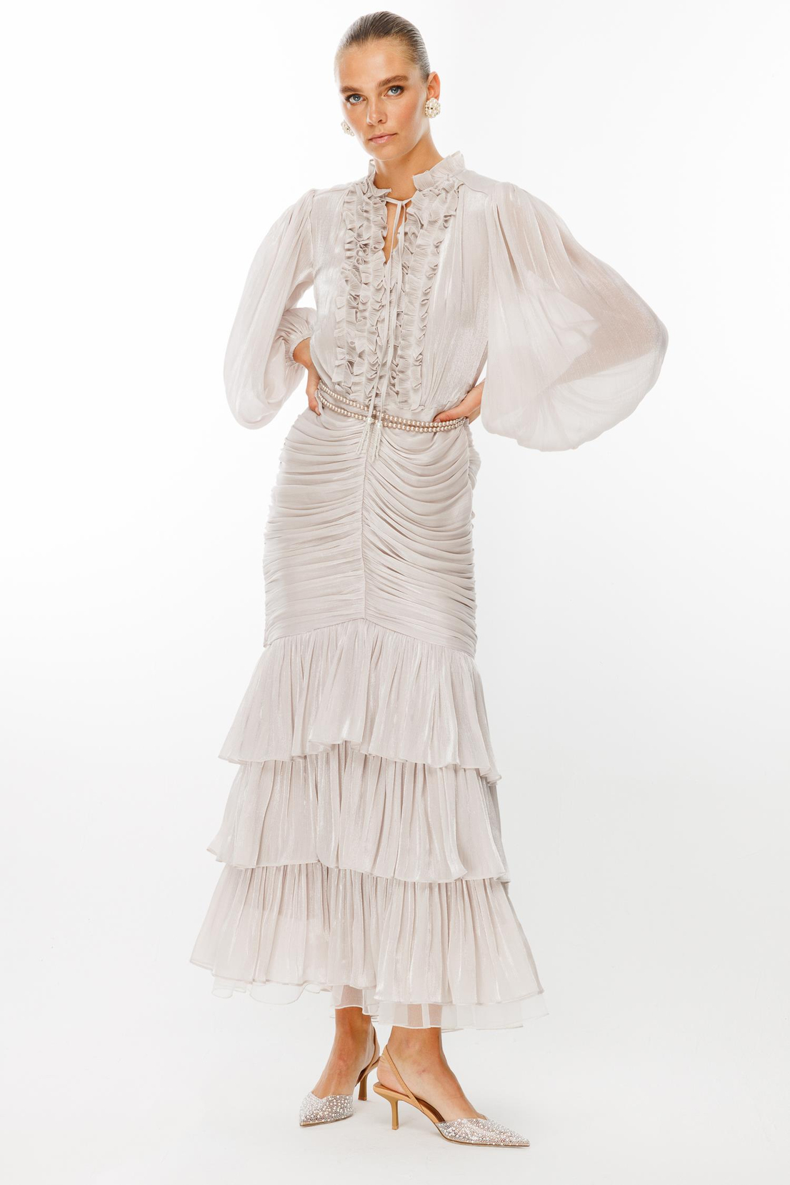 İnci Kemer Detaylı Volan Yaka Kat Etek Jakar Elbise TAŞ