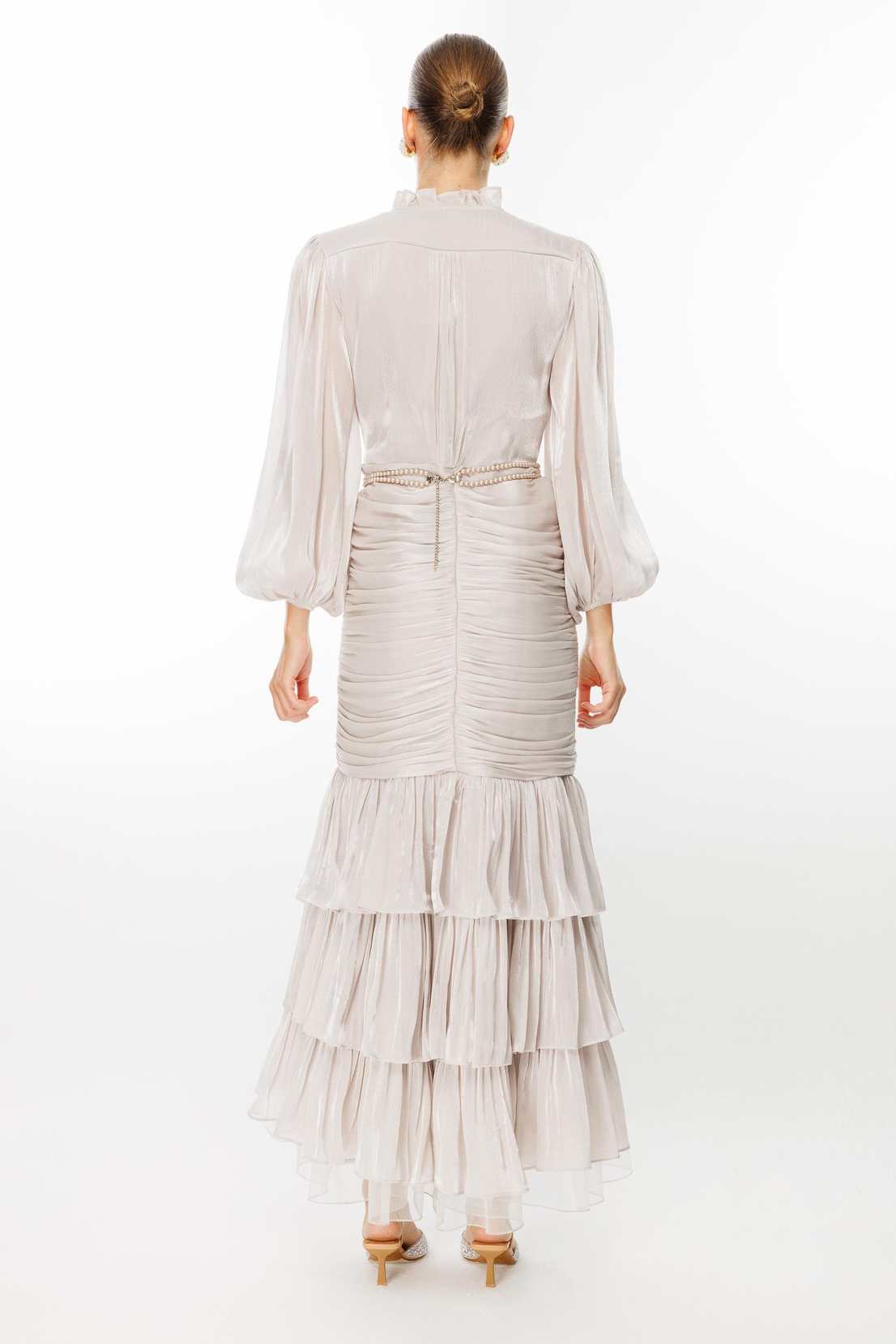 İnci Kemer Detaylı Volan Yaka Kat Etek Jakar Elbise TAŞ