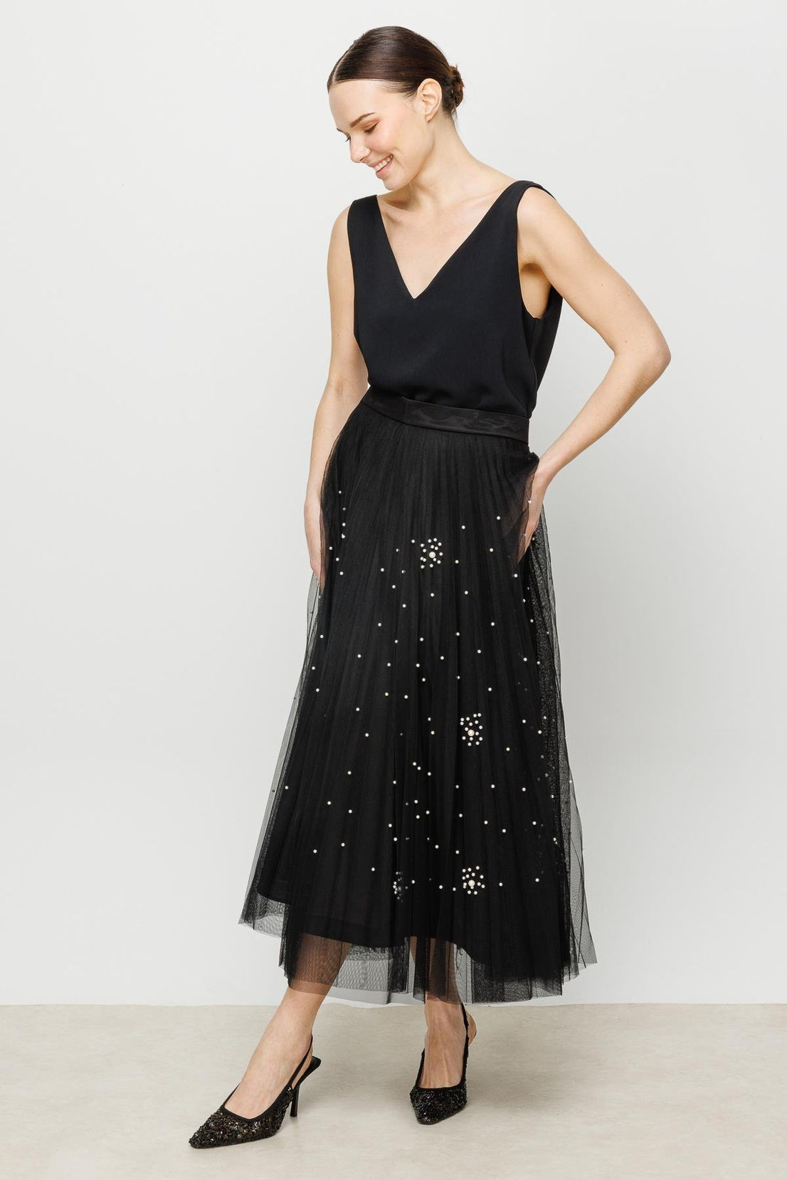İnci Taşlı Etek SİYAH