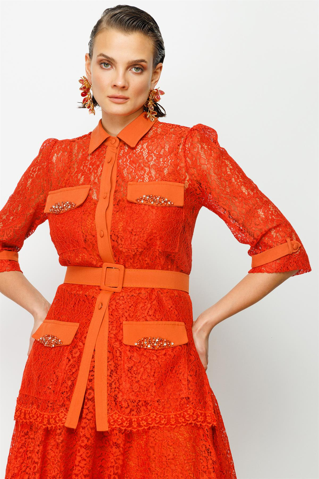 İncili Oranj Dantel Takım