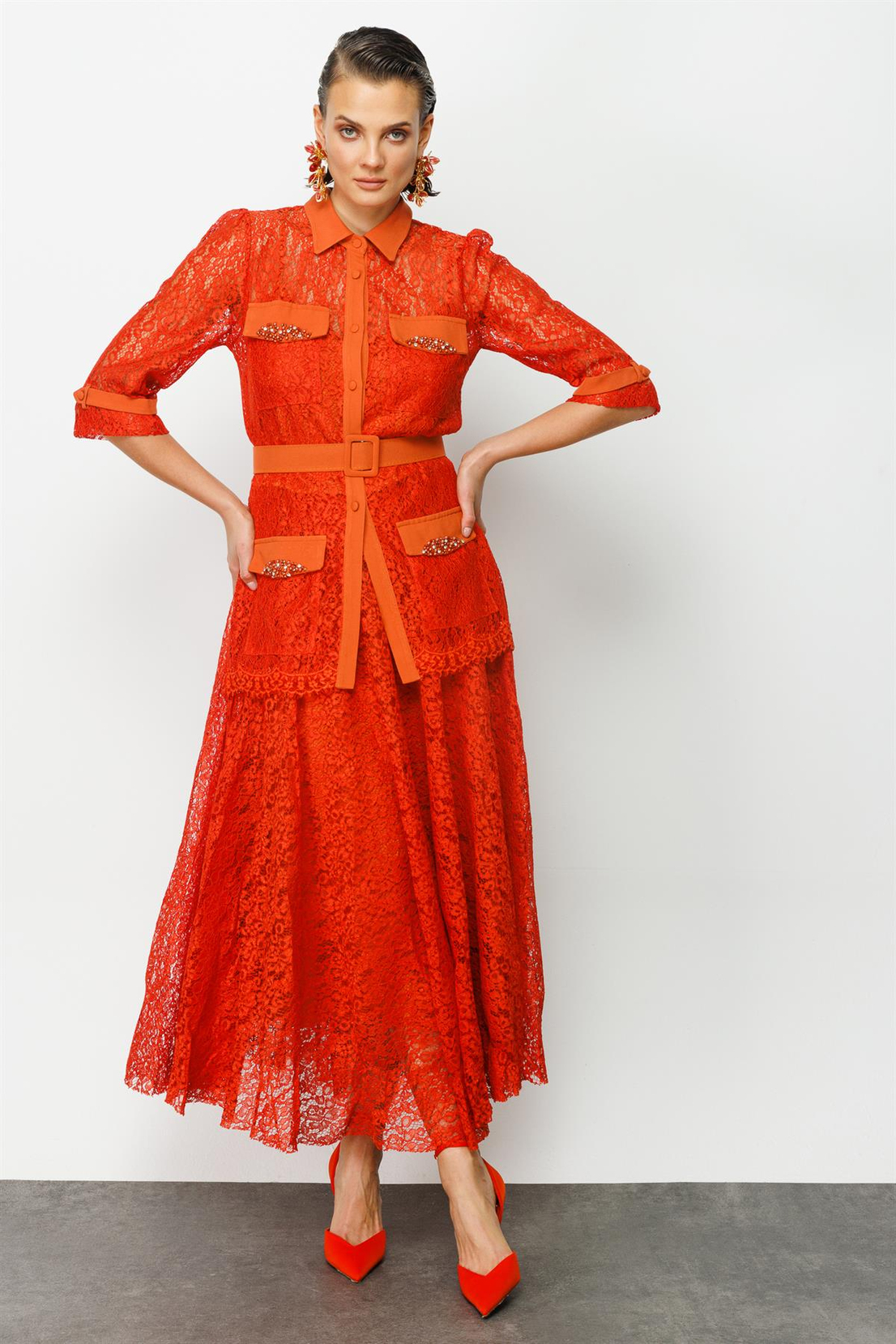 İncili Oranj Dantel Takım