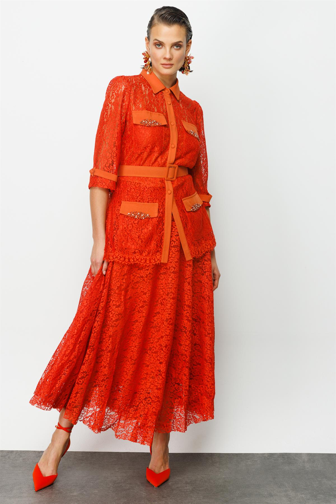 İncili Oranj Dantel Takım