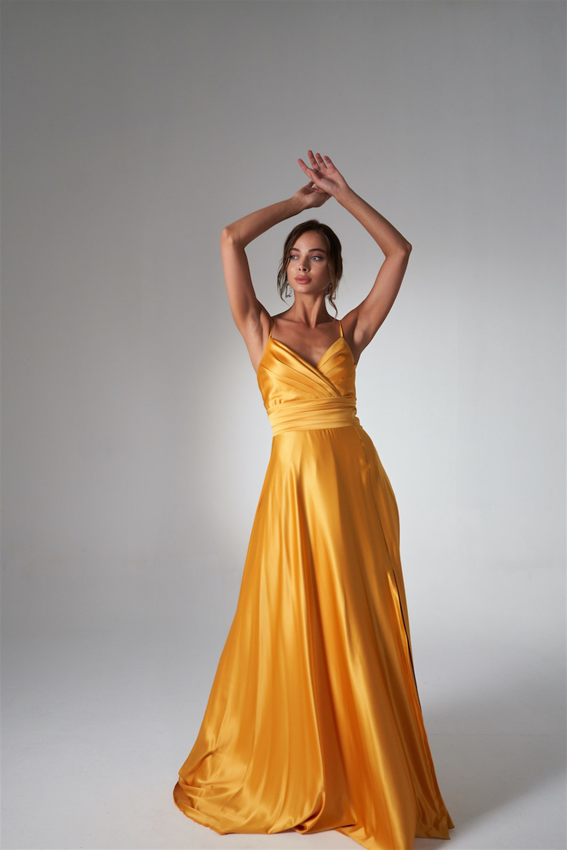 İpek Saten Askılı Elbise Safran