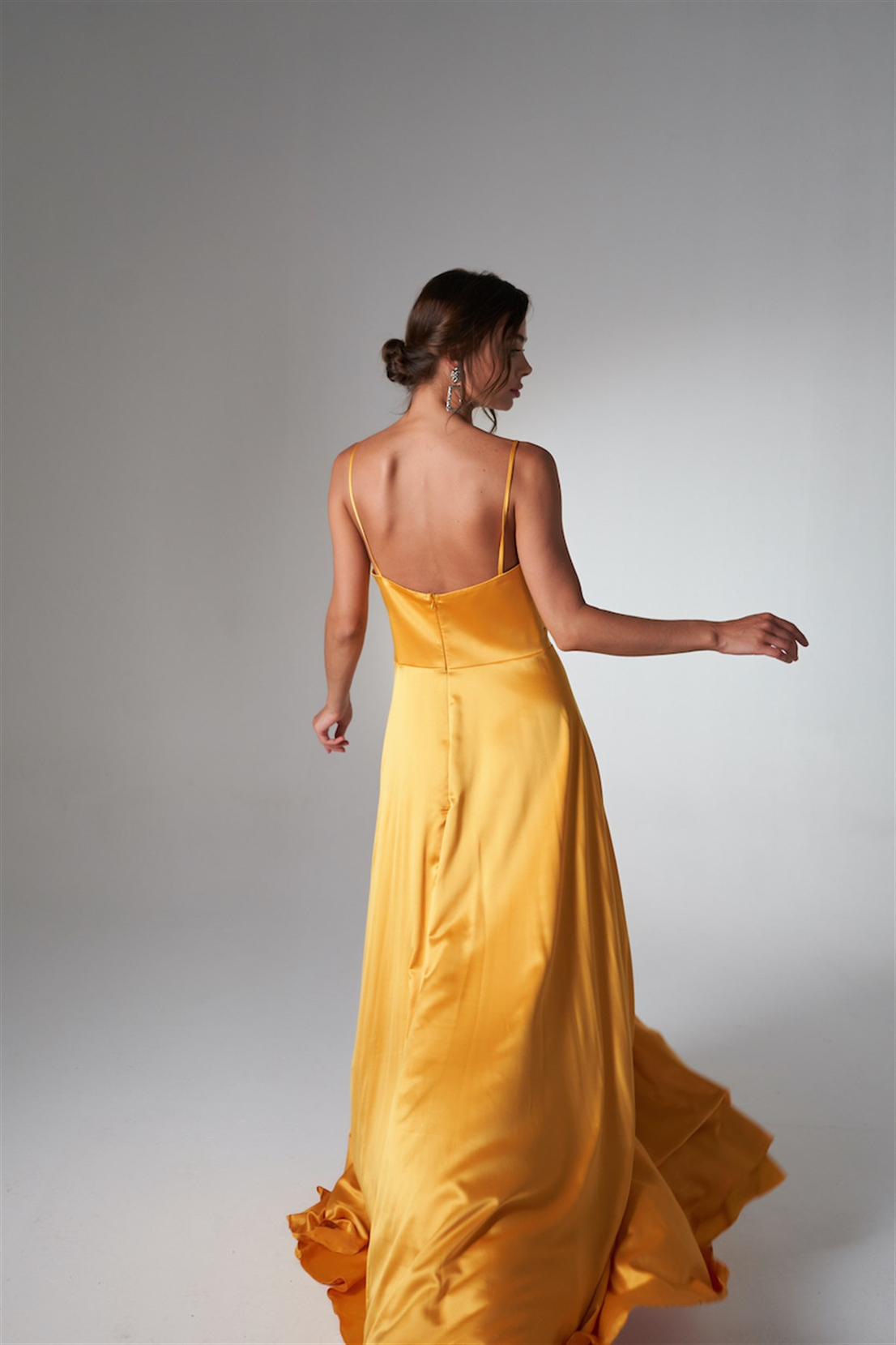 İpek Saten Askılı Elbise Safran