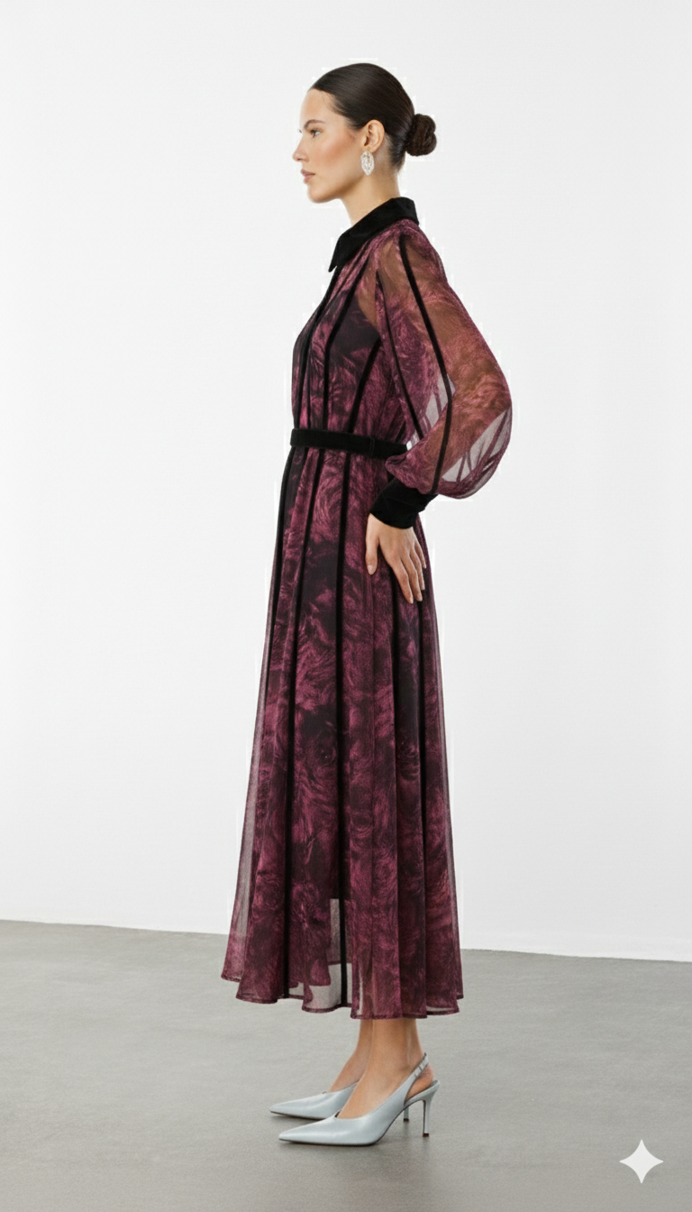 Kadife Şeritli Çiçekli Şifon Maksi Elbise MÜRDÜM