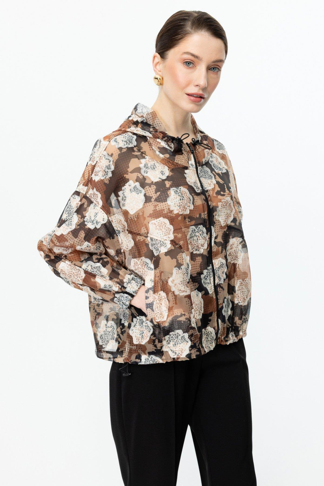 Kapişonlu Desenli Fermuarlı İnce Mont KAHVE