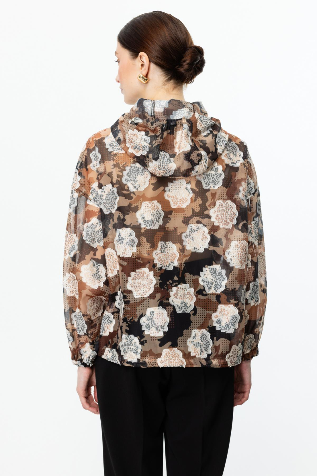 Kapişonlu Desenli Fermuarlı İnce Mont KAHVE