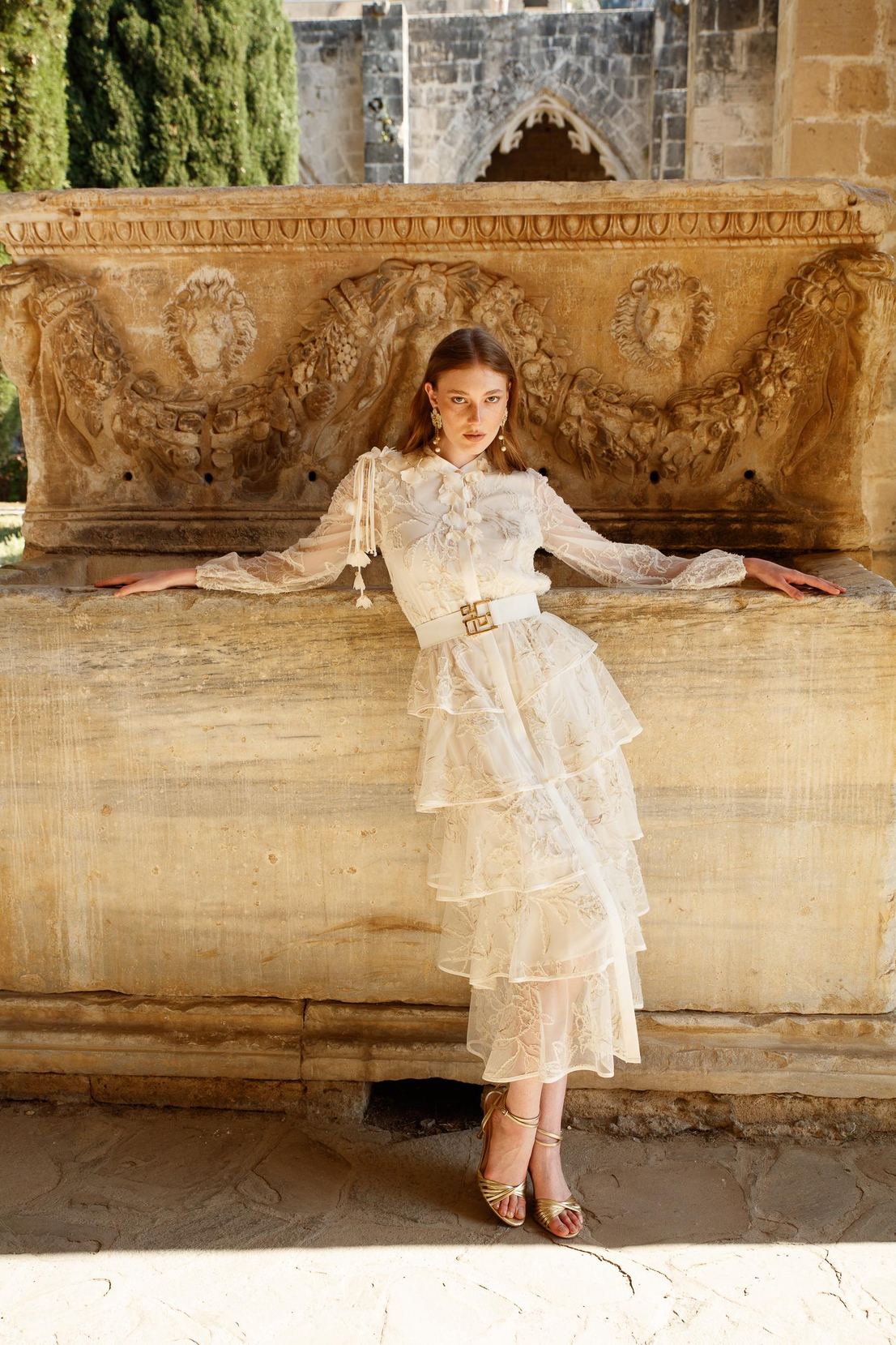 Kat Kat Volanlı Dantel Elbise EKRU