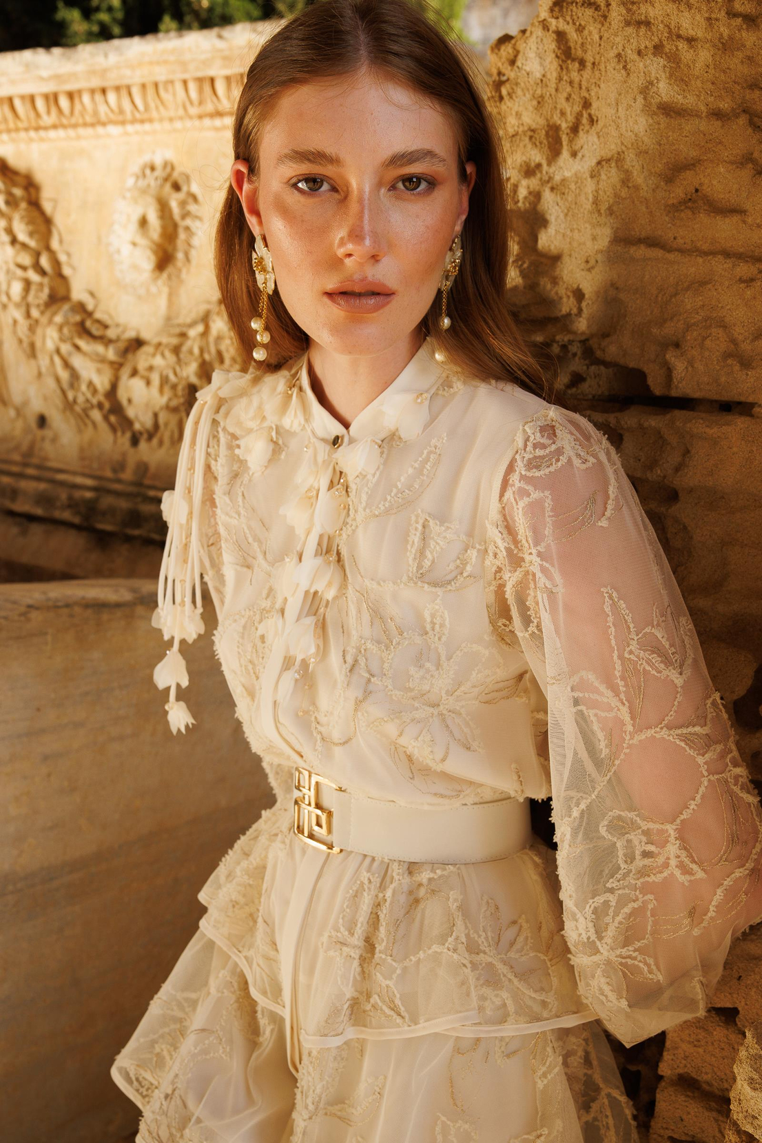 Kat Kat Volanlı Dantel Elbise EKRU