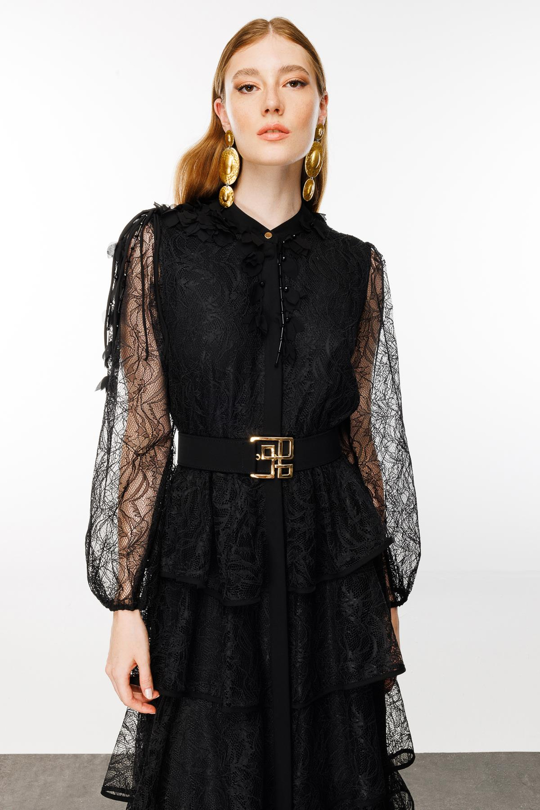 Kat Kat Volanlı Dantel Elbise SİYAH