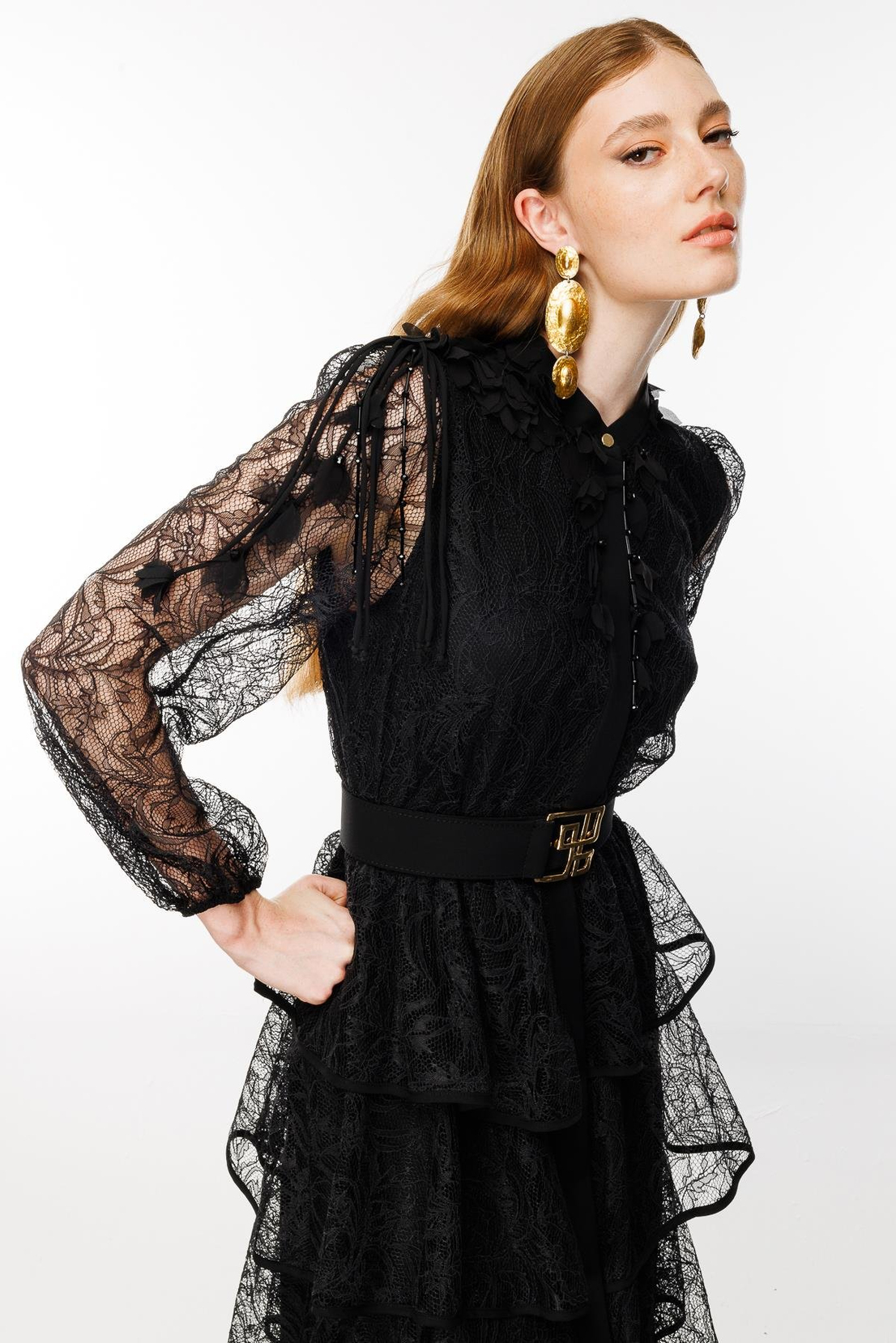 Kat Kat Volanlı Dantel Elbise SİYAH