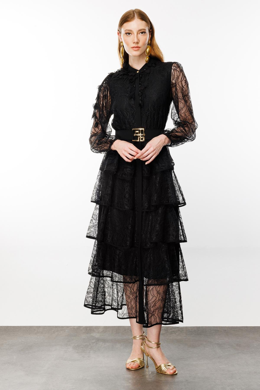 Kat Kat Volanlı Dantel Elbise SİYAH