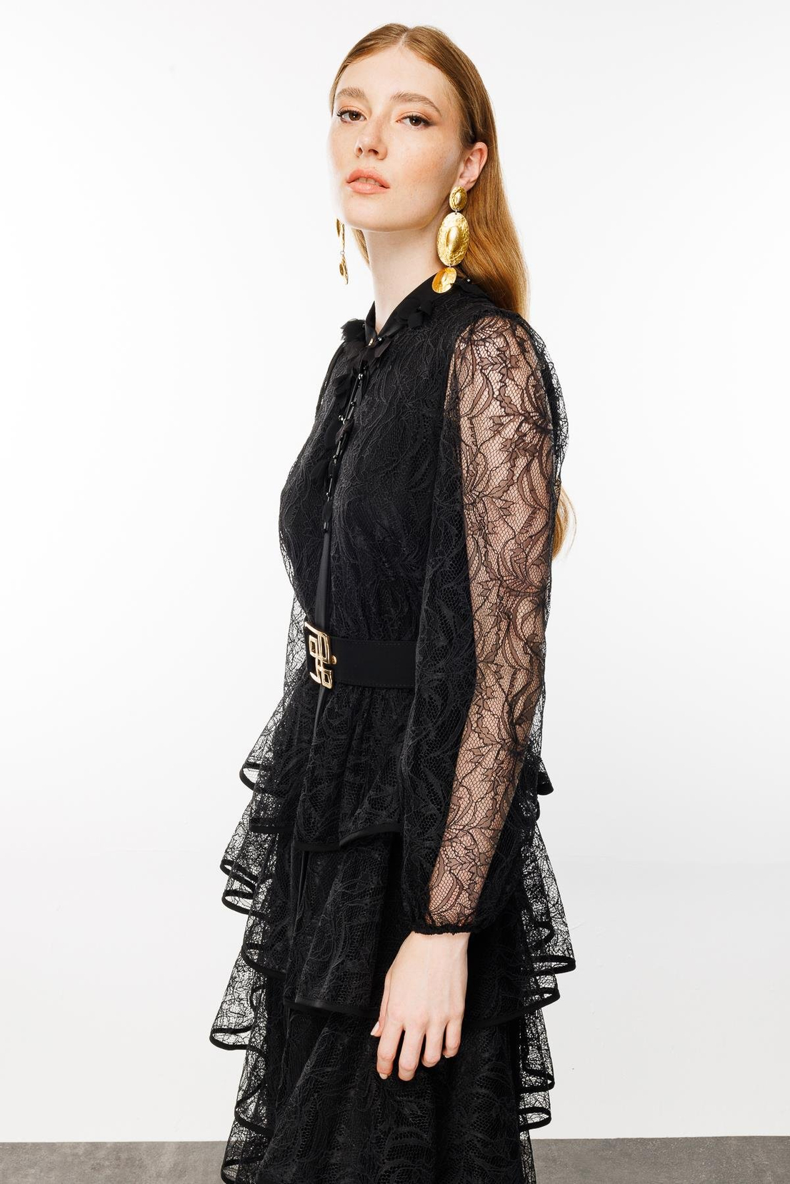 Kat Kat Volanlı Dantel Elbise SİYAH