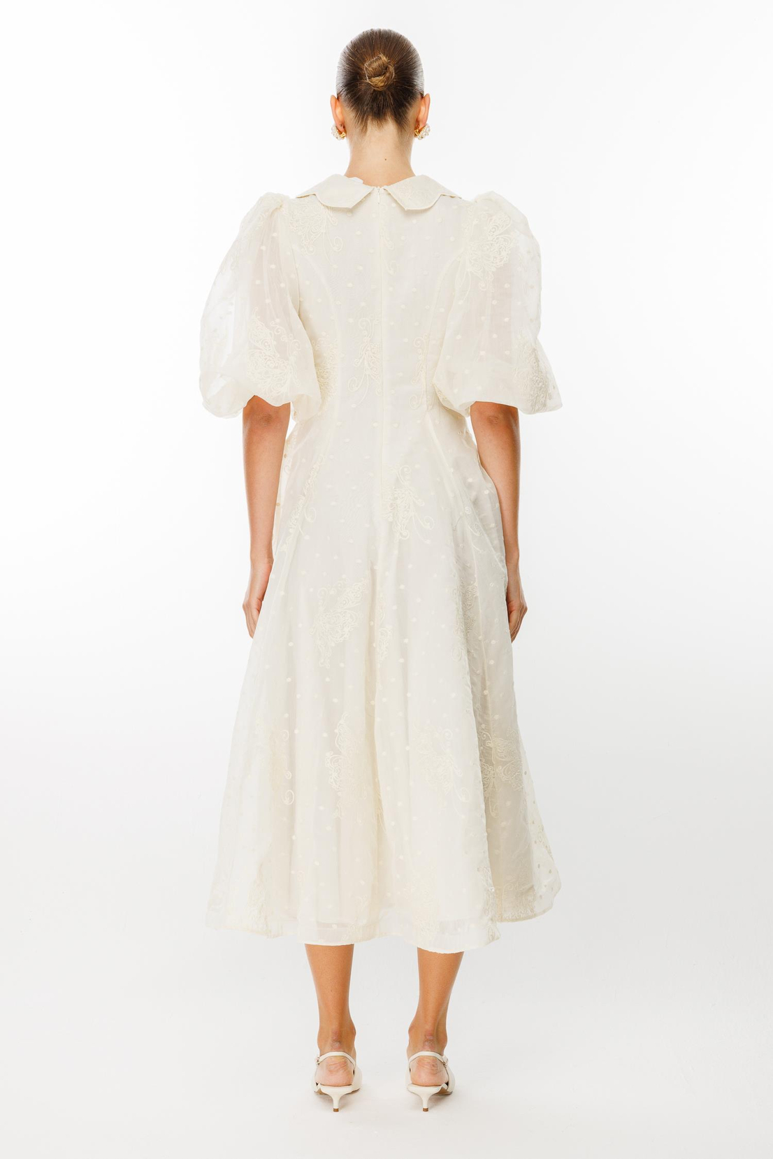 Kelebek Yaka Detay Balon Kol Elbise BEJ