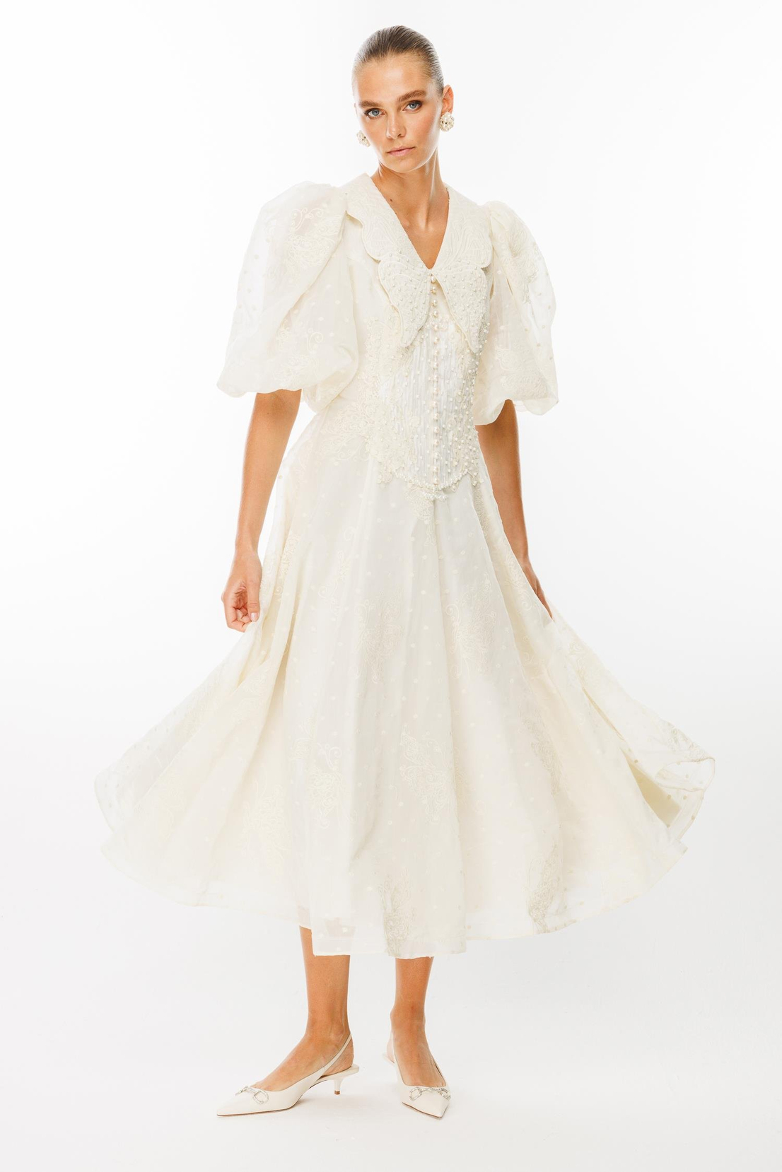 Kelebek Yaka Detay Balon Kol Elbise BEJ