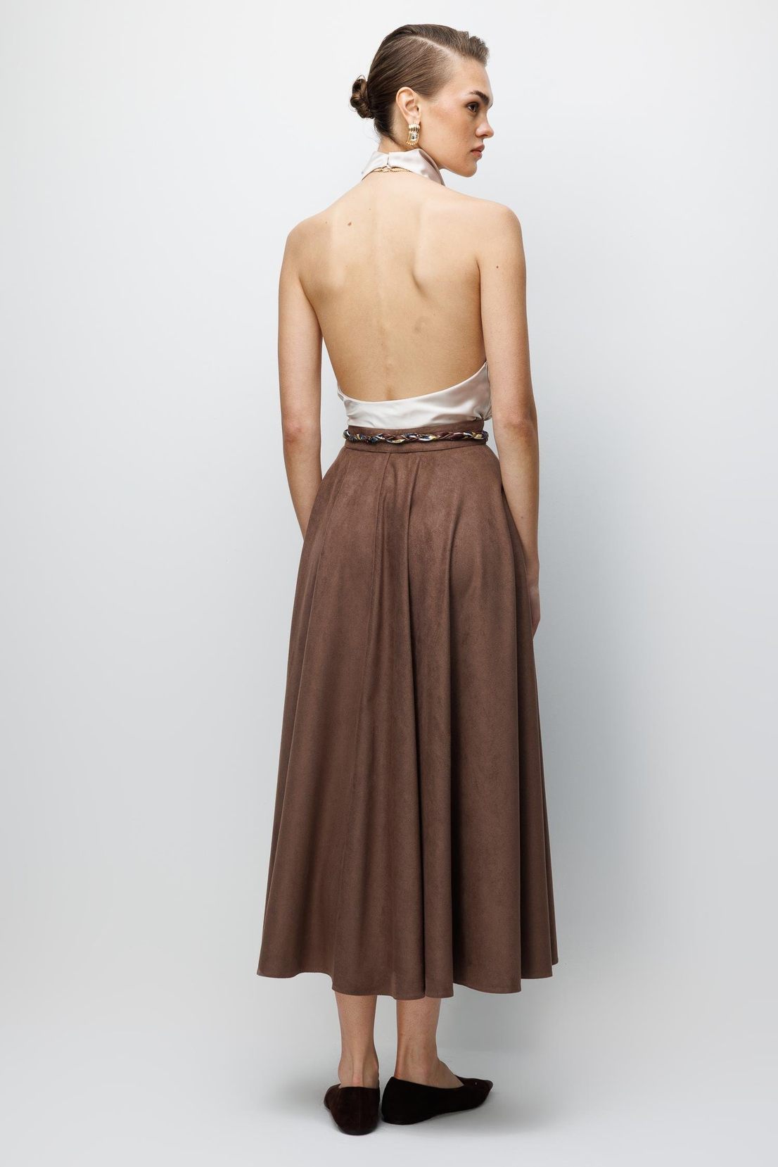 Kemer Detaylı Volanlı Süet Etek KAHVE