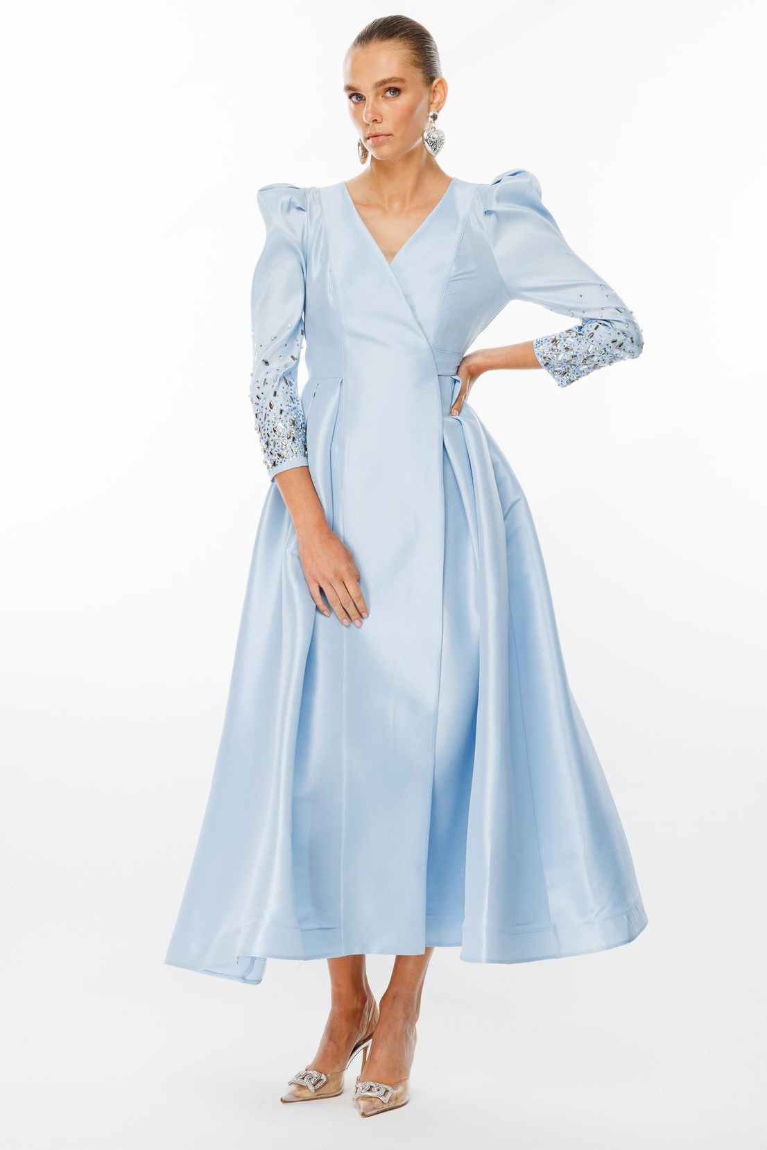 Kol Taş Detaylı Kruvaze Bağlamalı Elbise MAVİ