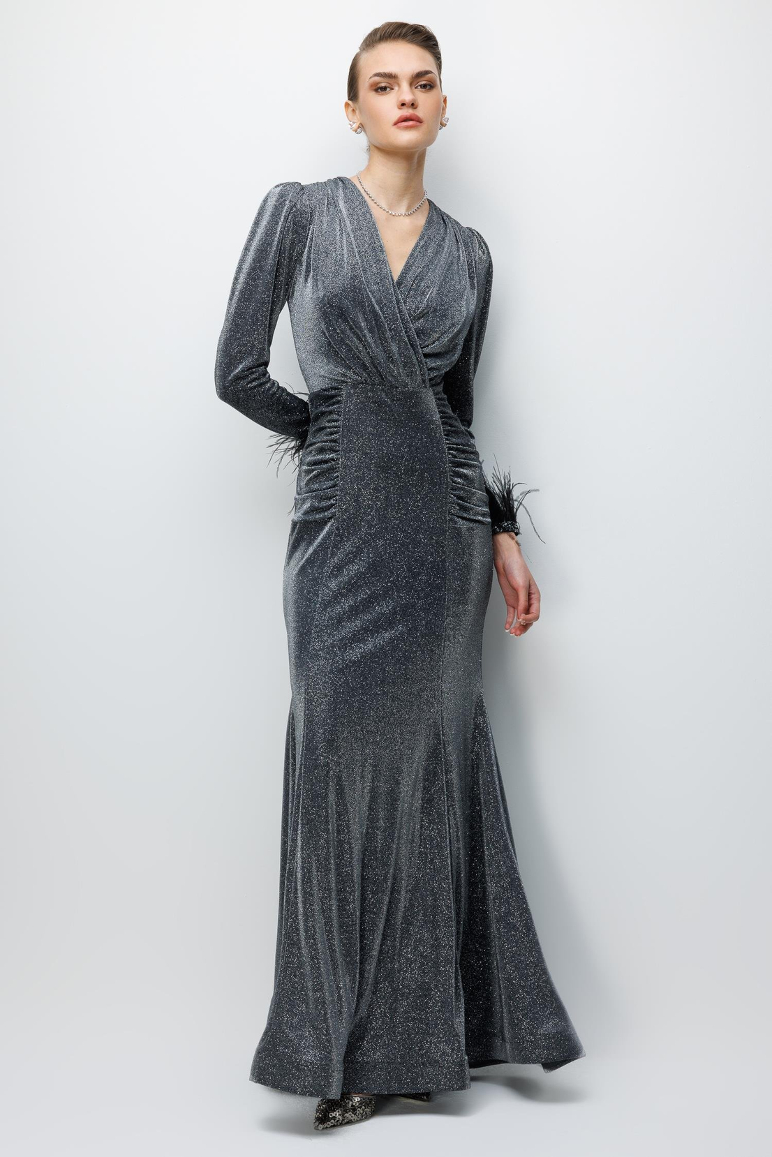 Kol Tüylü Uzun Kol Drape Elbise ANTRASİT